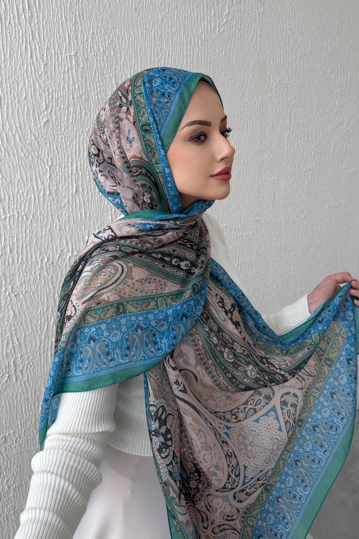 Mavi & Yeşil Bohem Modal İpek Şal  
