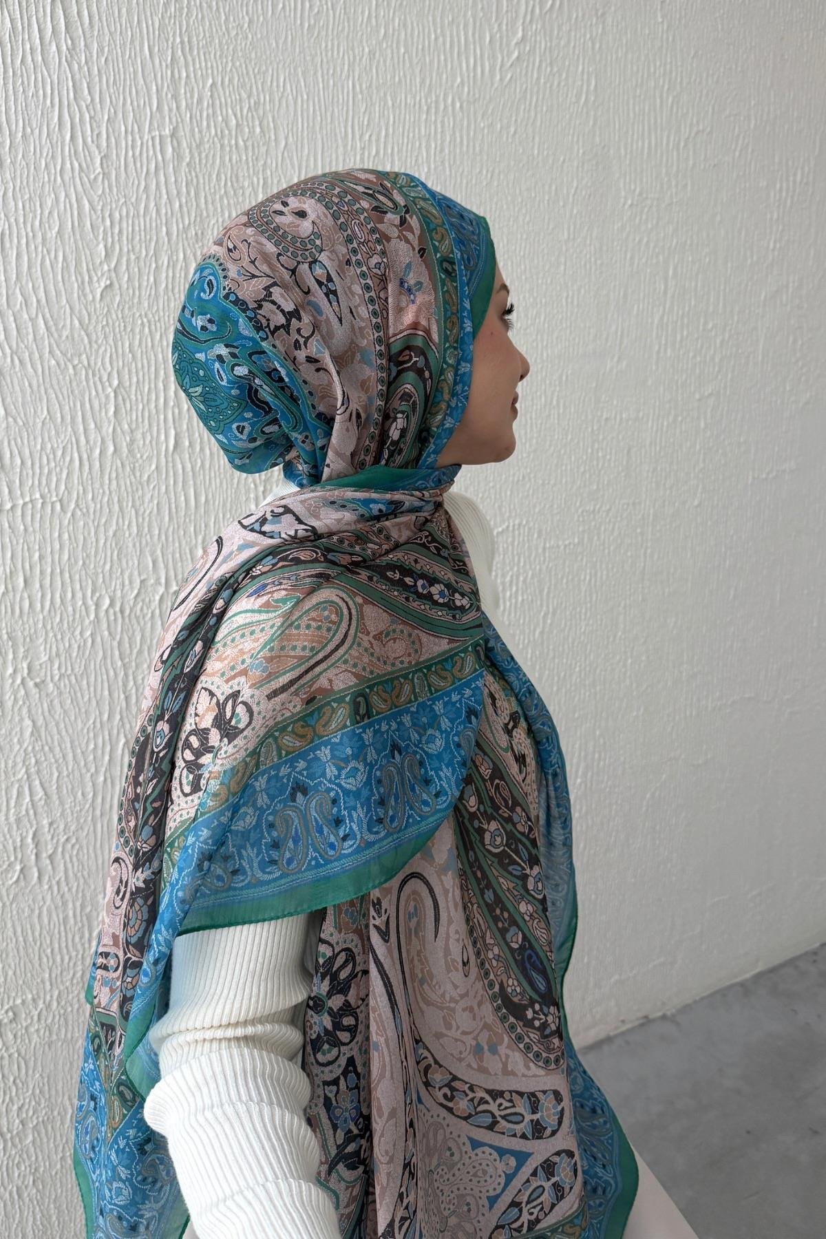 Mavi & Yeşil Bohem Modal İpek Şal  