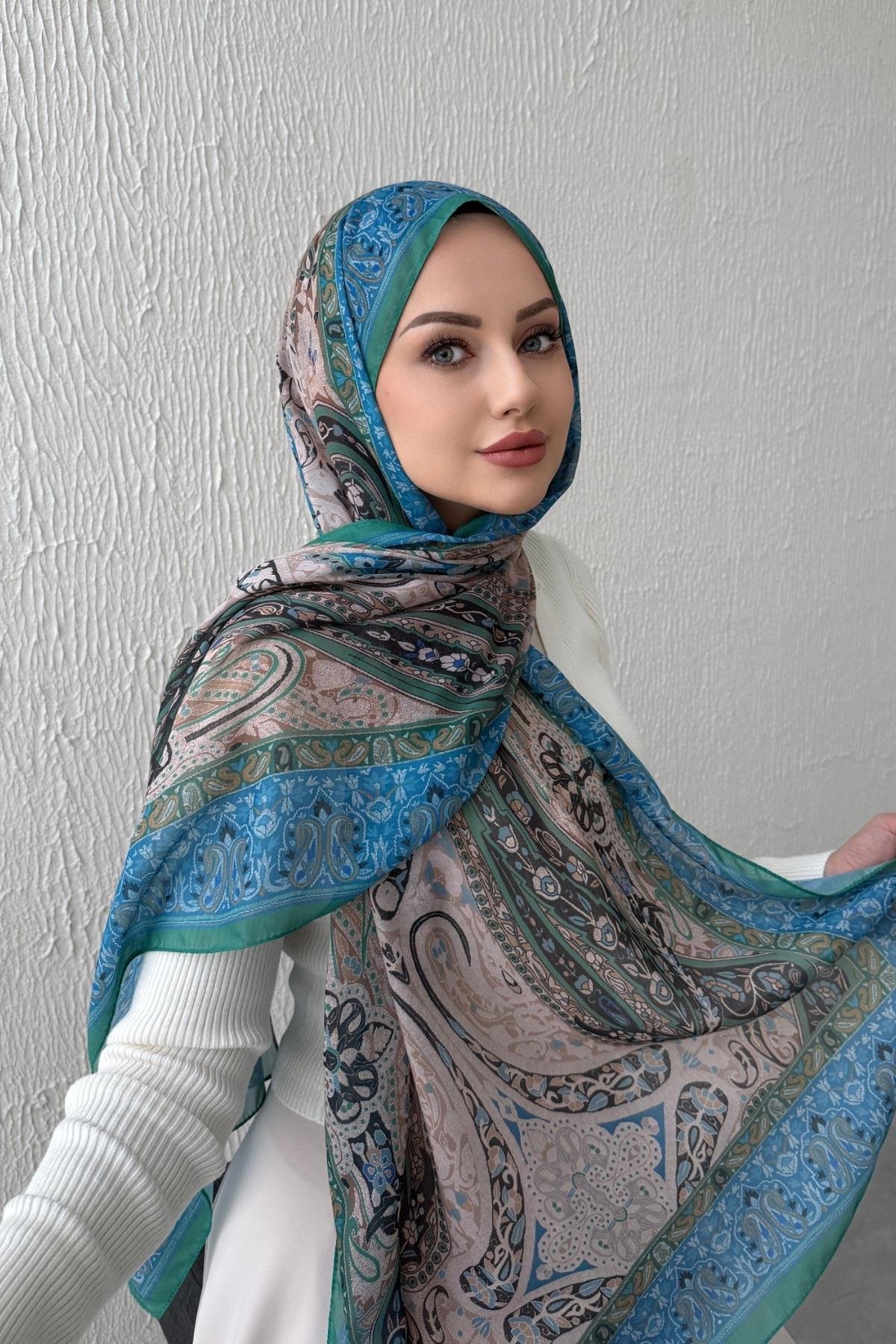 Mavi & Yeşil Bohem Modal İpek Şal  