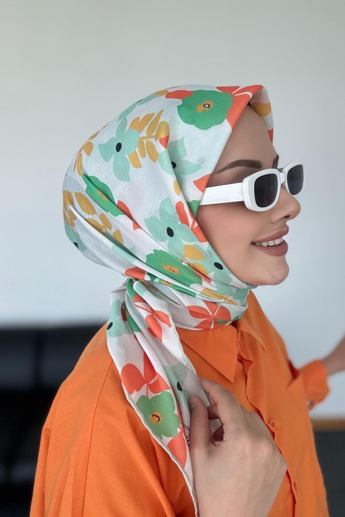 Mimoza Desen  Dijital Soft Eşarp Turuncu