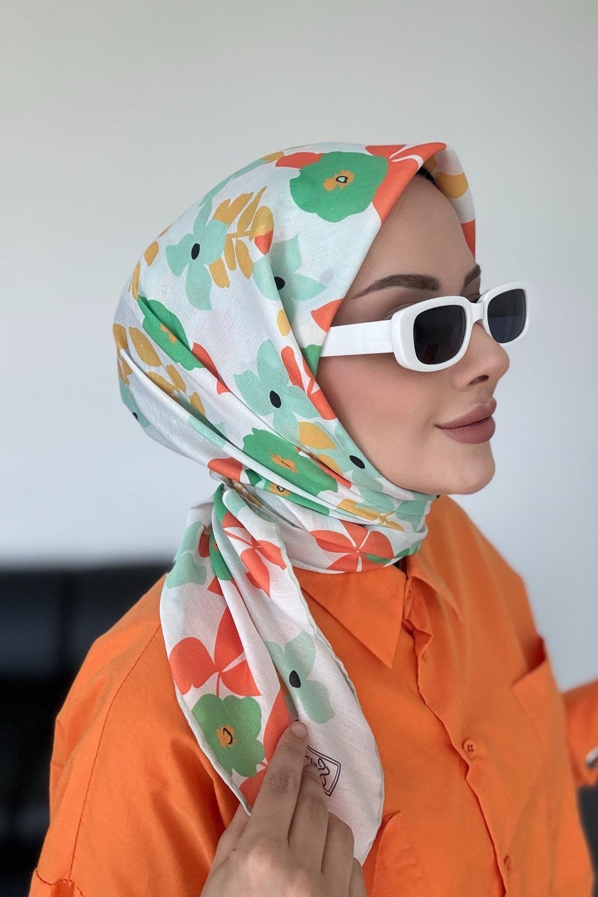 Mimoza Desen  Dijital Soft Eşarp Turuncu