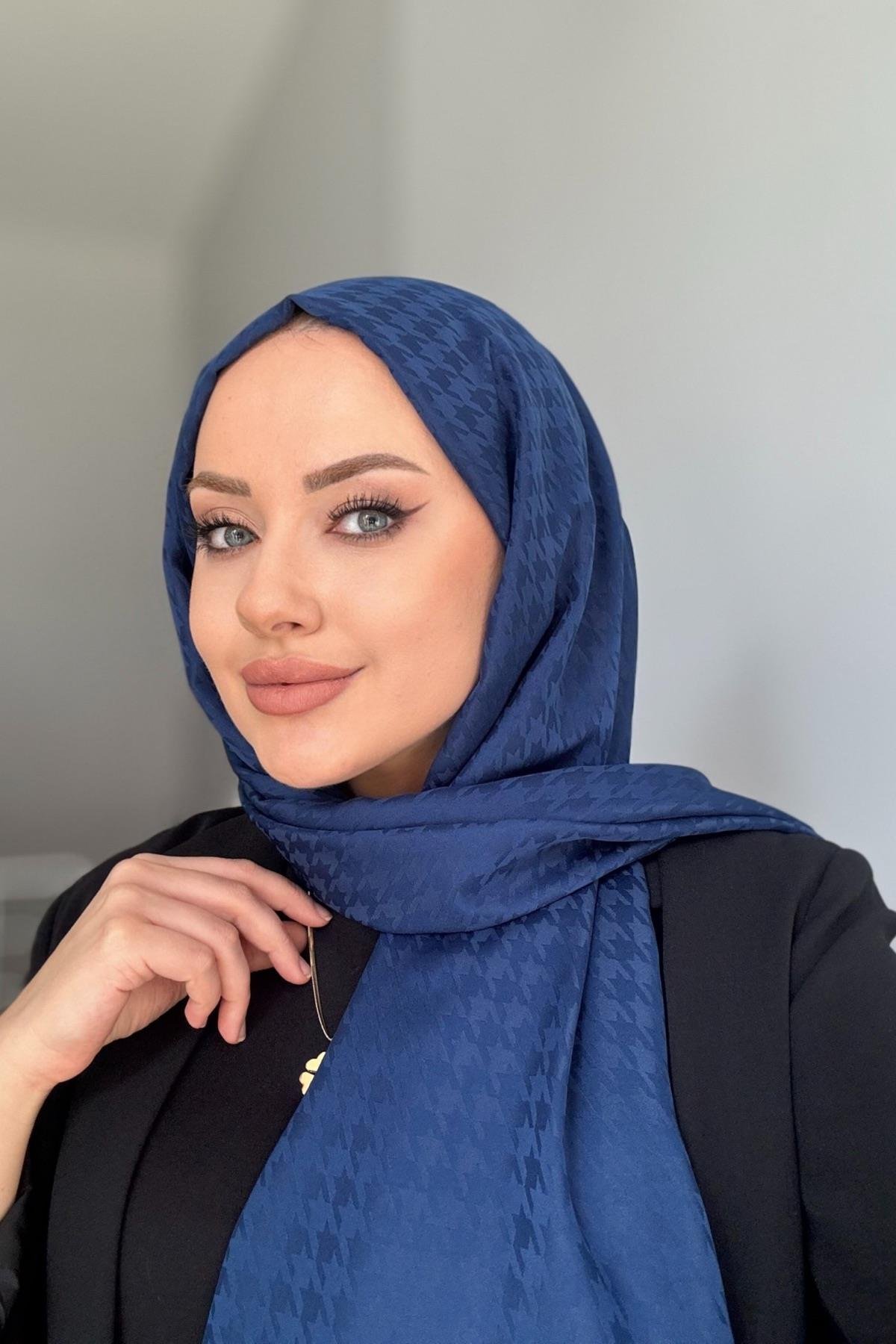 Minimal Kazayağı İpeksi Jakar Şal Lacivert