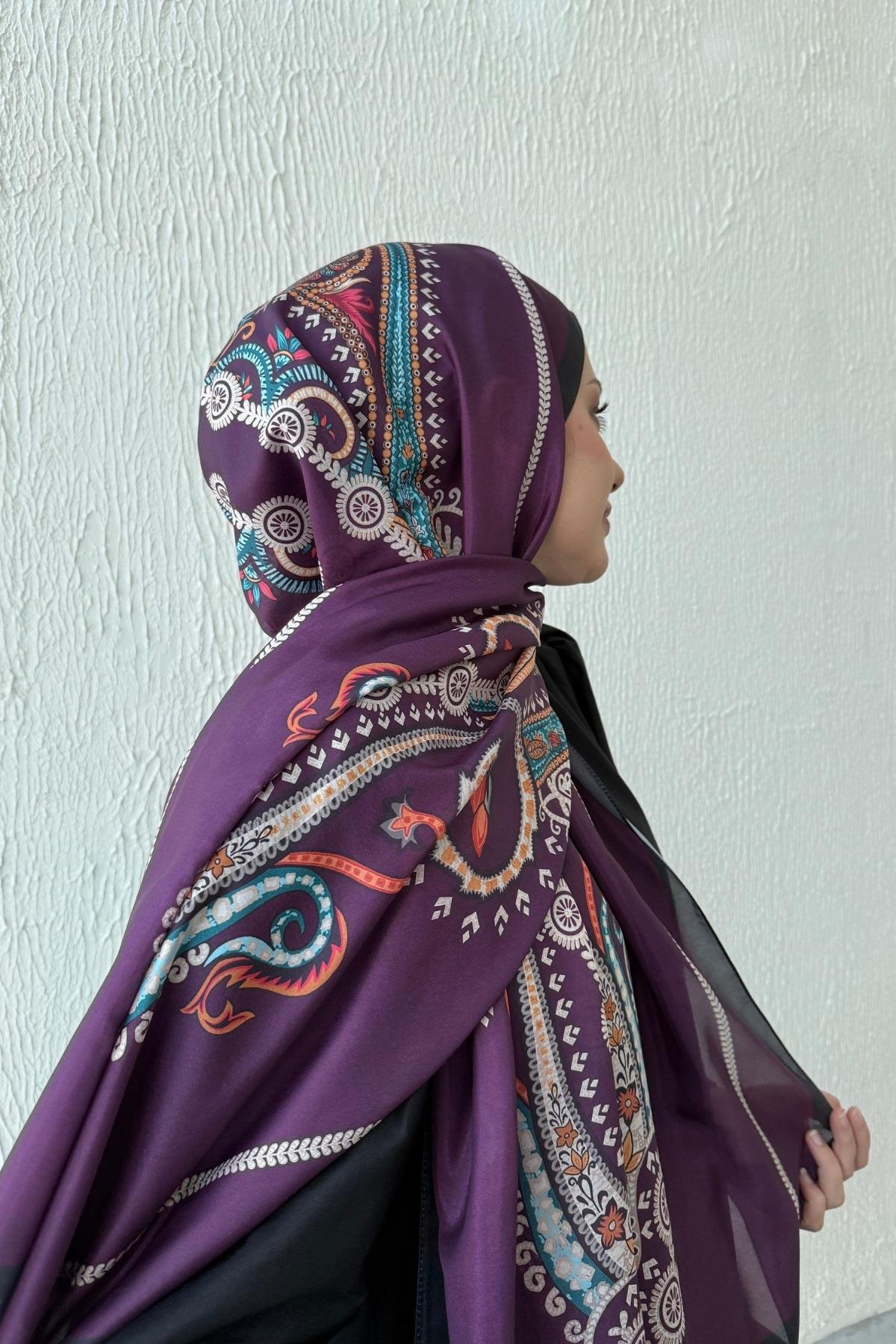 Mor Etro Etnik Vual İpek Şal 