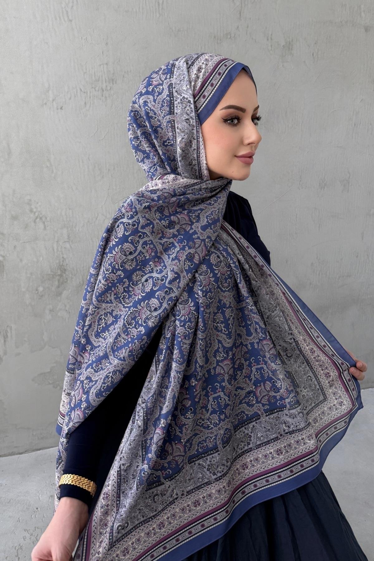 Mor Lacivert Bohem Modal İpek Şal