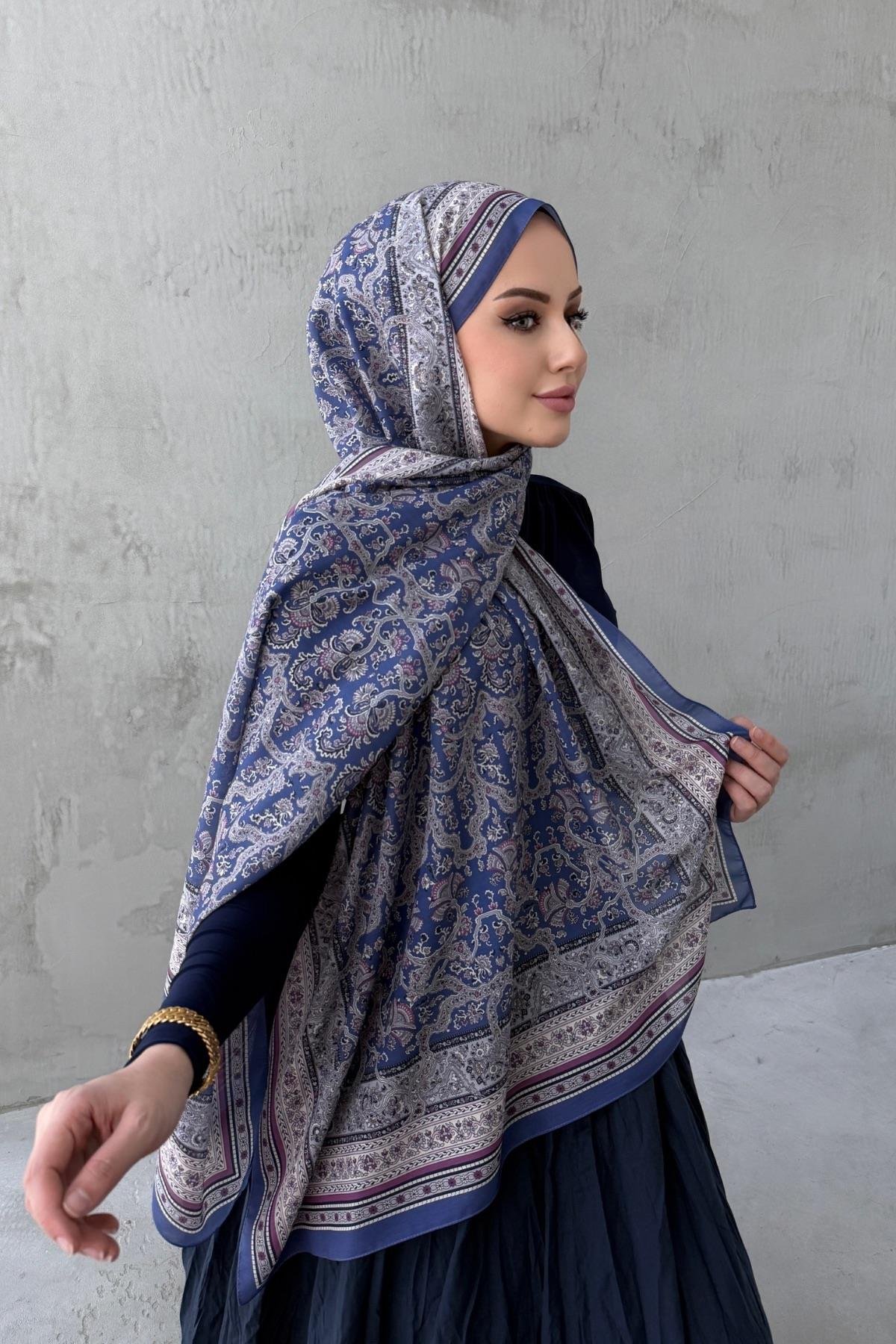 Mor Lacivert Bohem Modal İpek Şal