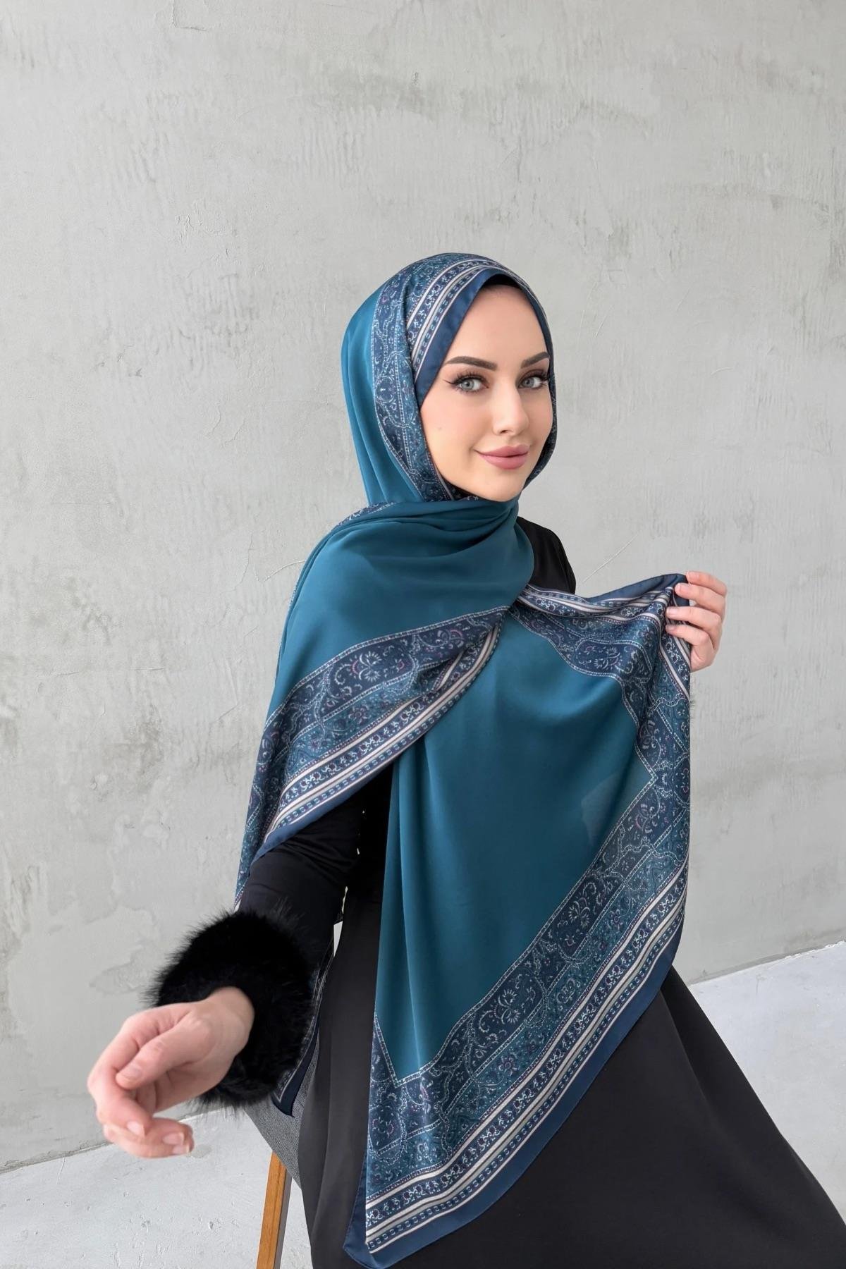 Petrol Bohem Kumlu İpek Şal 