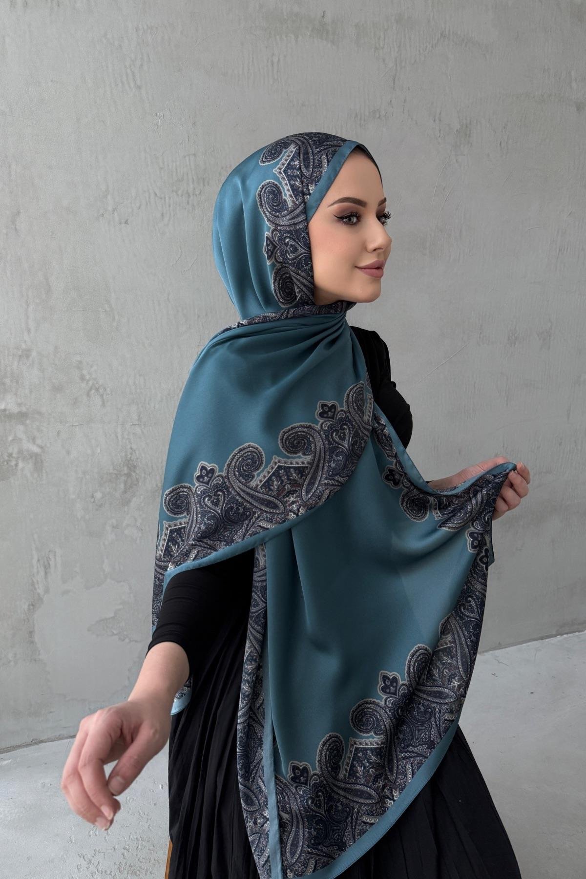 Petrol Rozalie Bohem Kumlu İpek Şal 