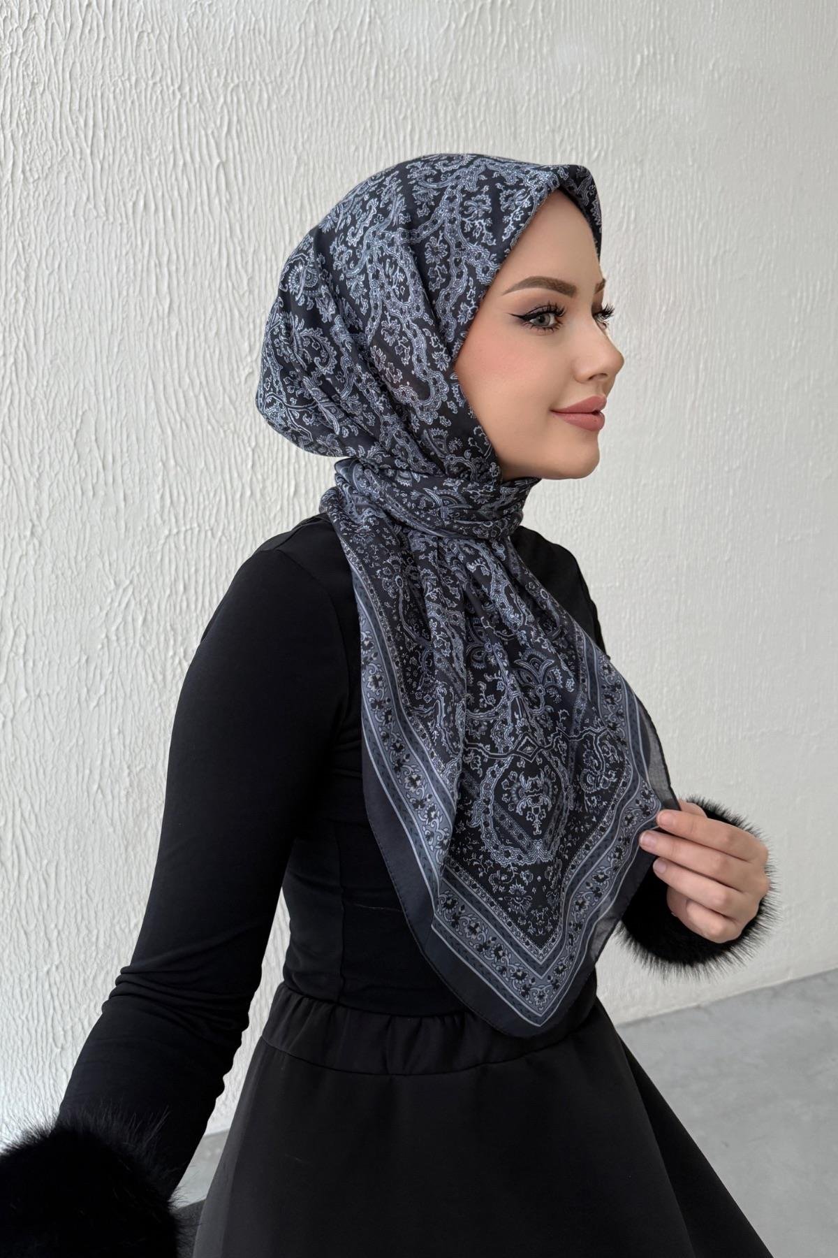 Siyah Bohem Modal İpek Eşarp