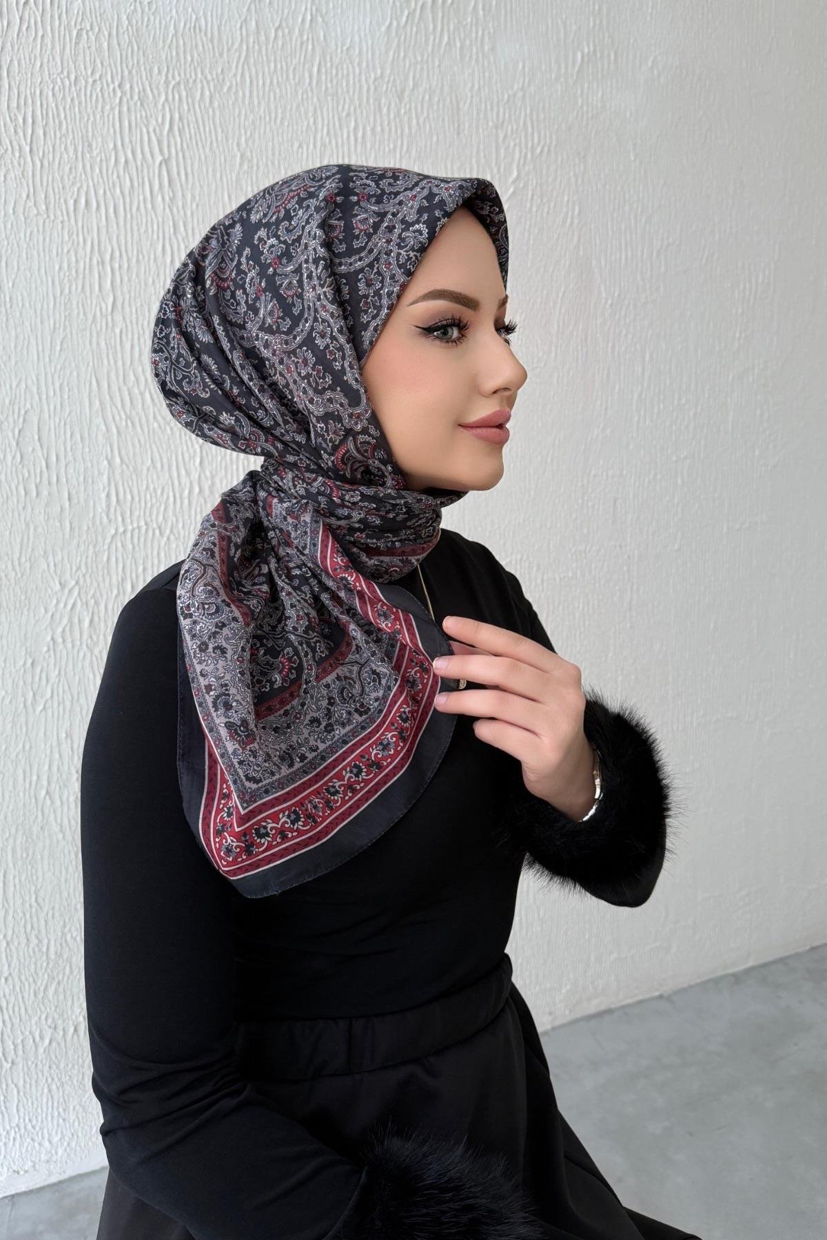 Siyah & Bordo Bohem Modal İpek Eşarp