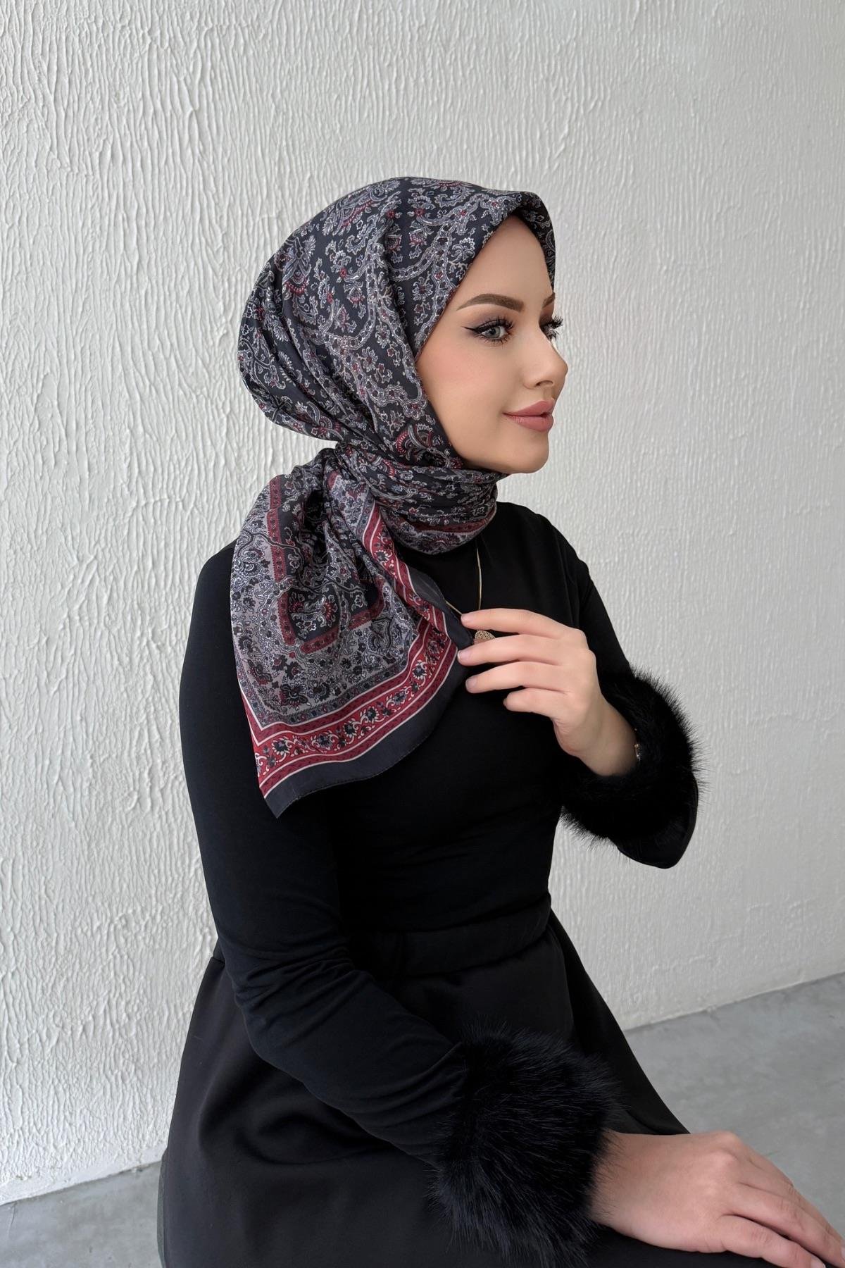 Siyah & Bordo Bohem Modal İpek Eşarp