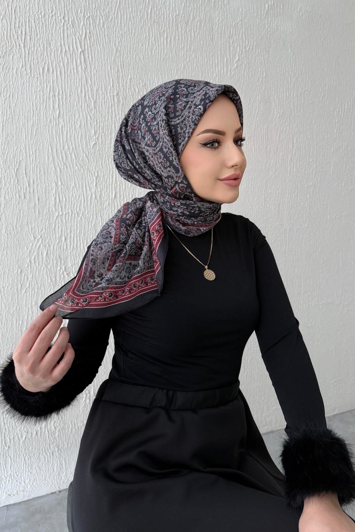 Siyah & Bordo Bohem Modal İpek Eşarp