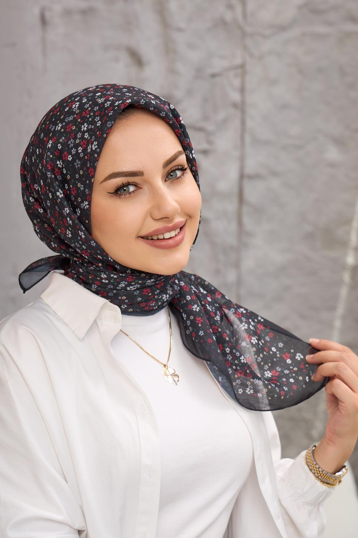 Siyah Bordo Çicek Dijital Soft Eşarp 