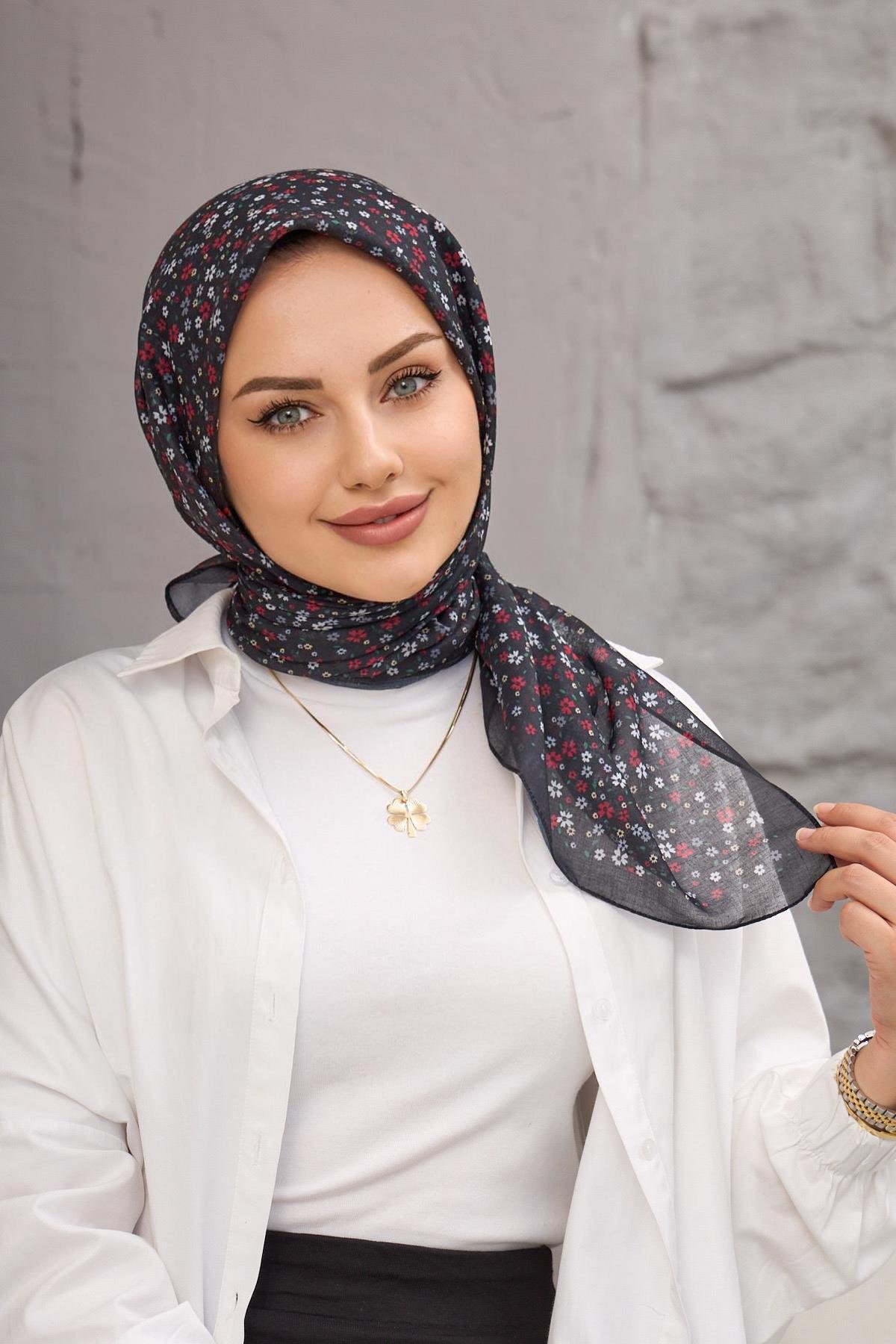 Siyah Bordo Çicek Dijital Soft Eşarp 