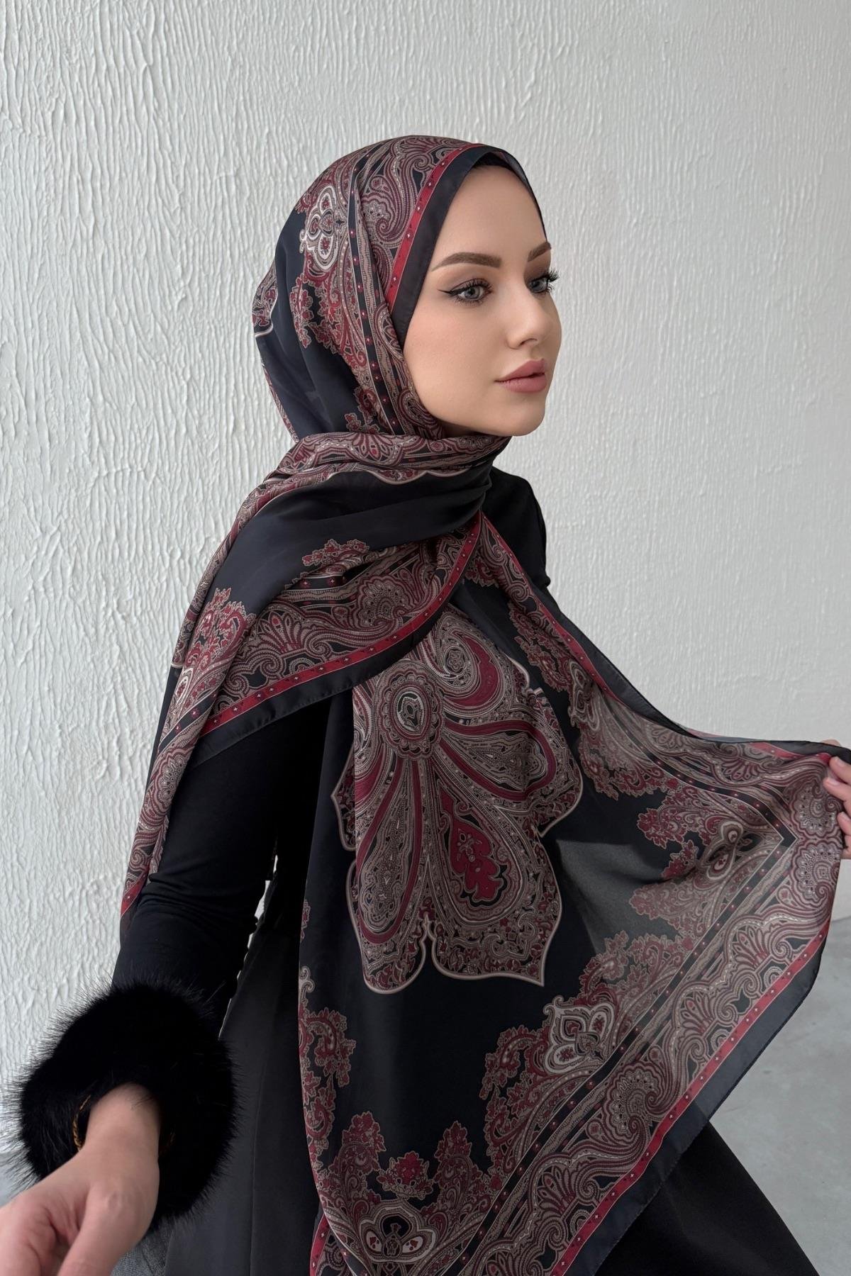 Siyah & Bordo Hüma Otantik Hint İpeği Şal