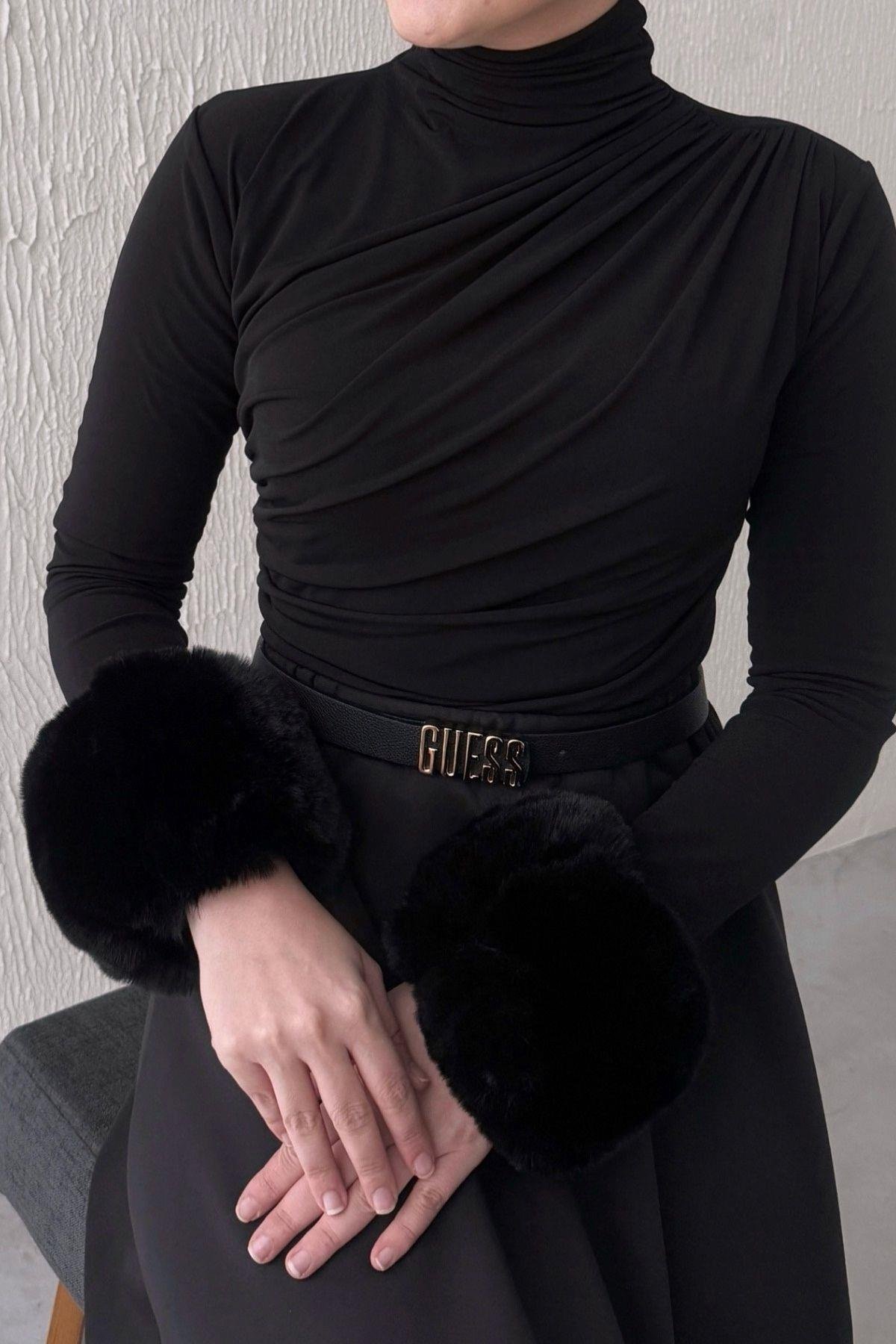 Siyah Drape Kürklü Badi ( S-M-L) Uyumlu