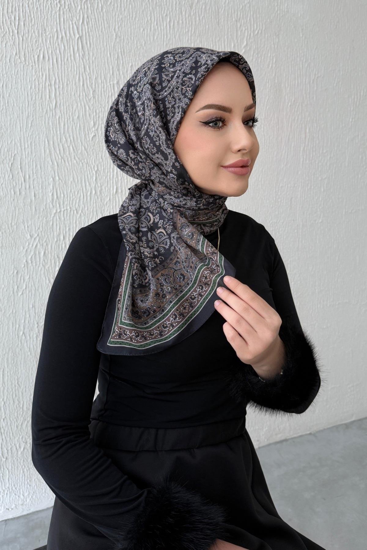 Siyah & Kahverengi Bohem Modal İpek Eşarp