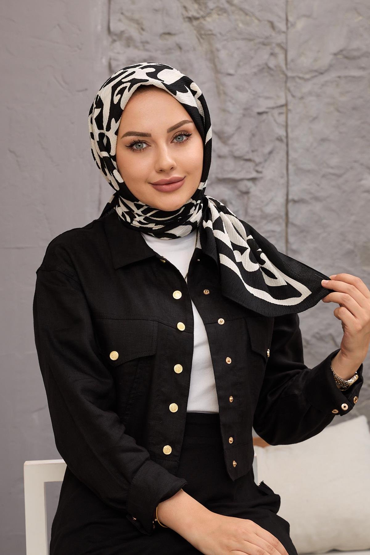 Siyah Karma Desen Naturel Eşarp