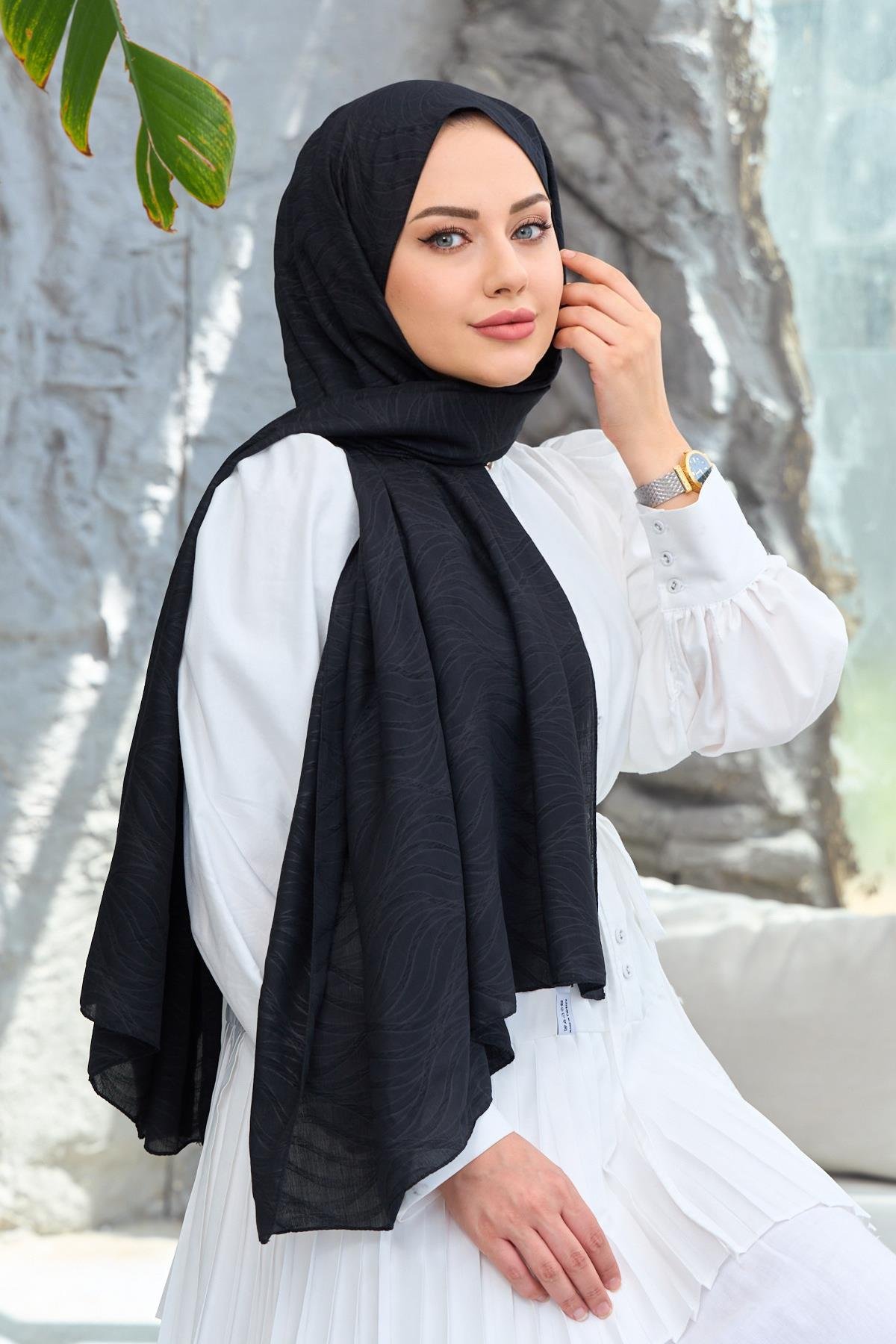 Siyah Kendinden Desenli Fresh Şal