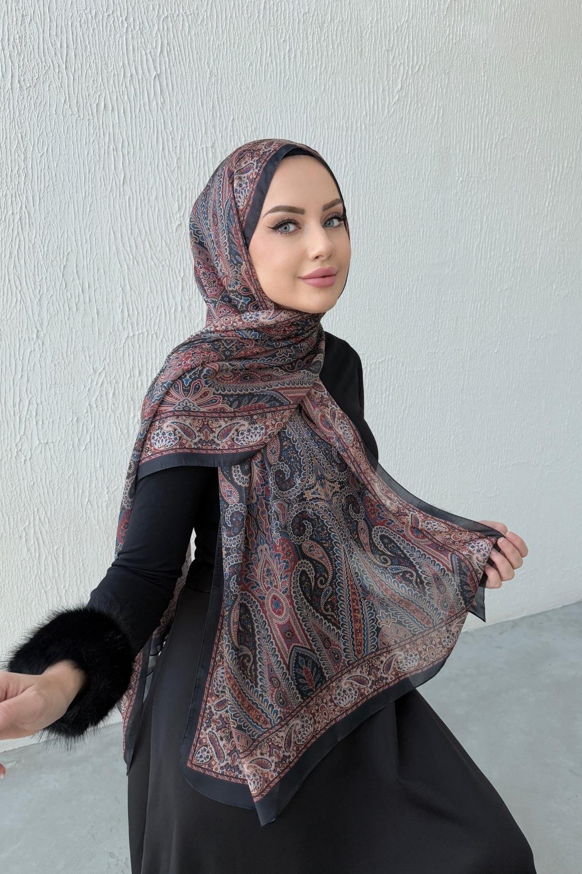 Siyah & Kiremit Otantik Hint İpeği Şal