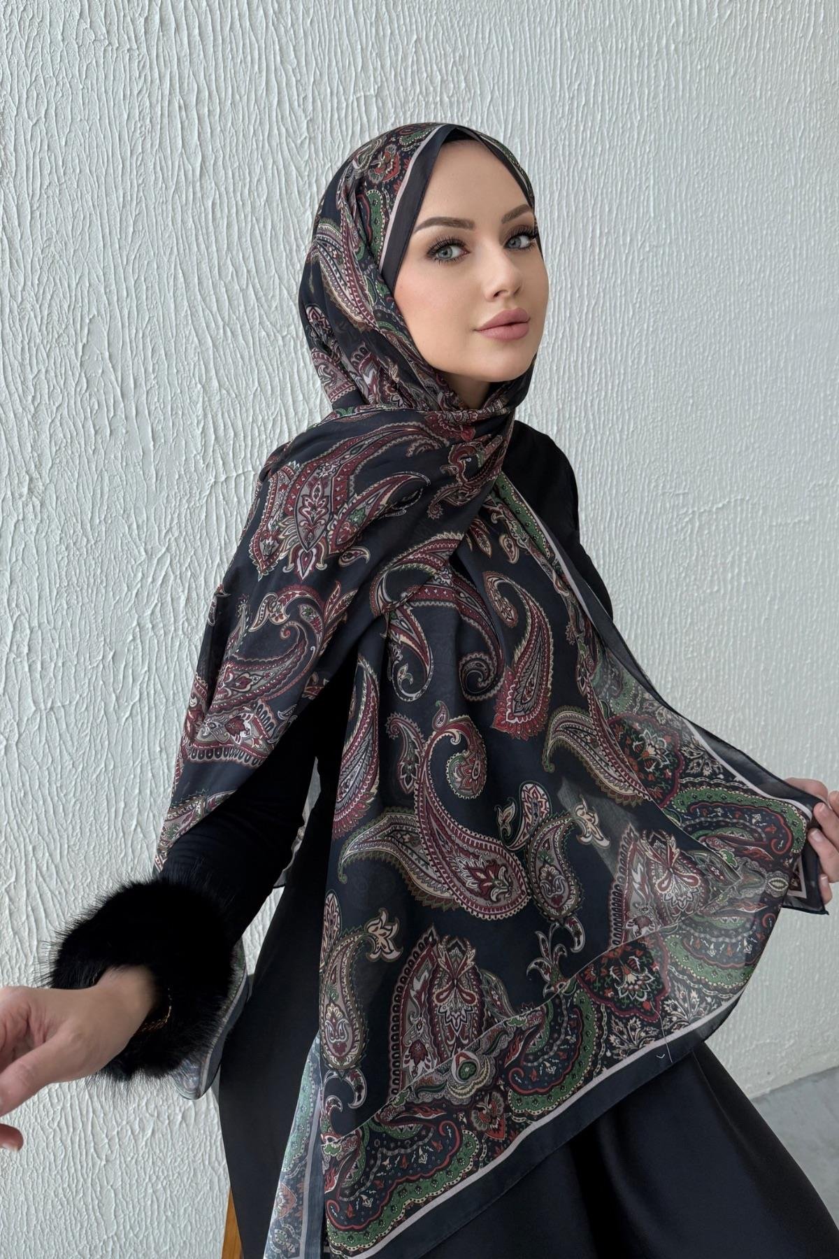 Siyah Şehrazat Bohem Modal İpek Şal