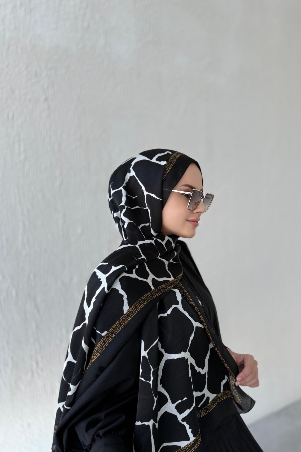 Siyah Taş Desen Vual İpek Şal 