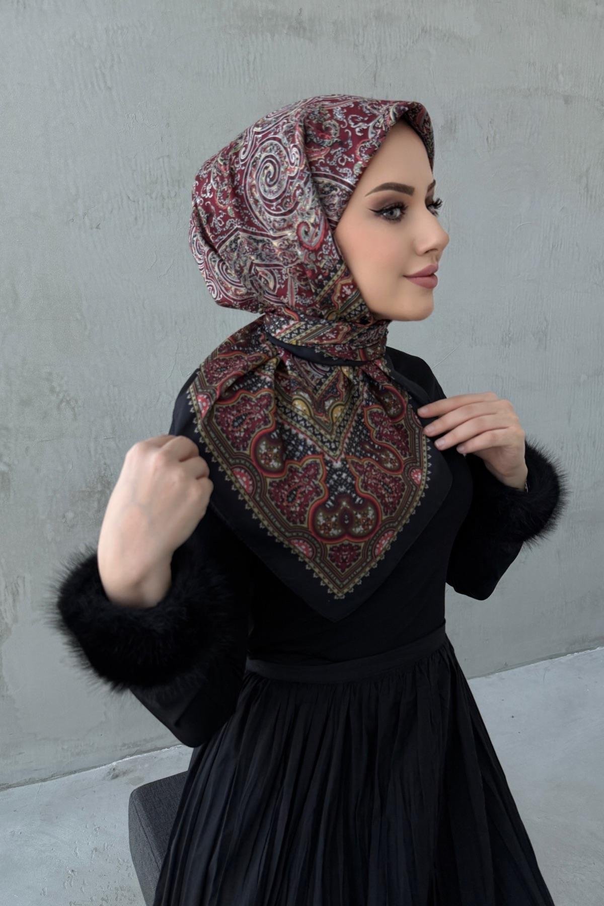 Siyah&Bordo Ahu Bohem Modal İpek Eşarp