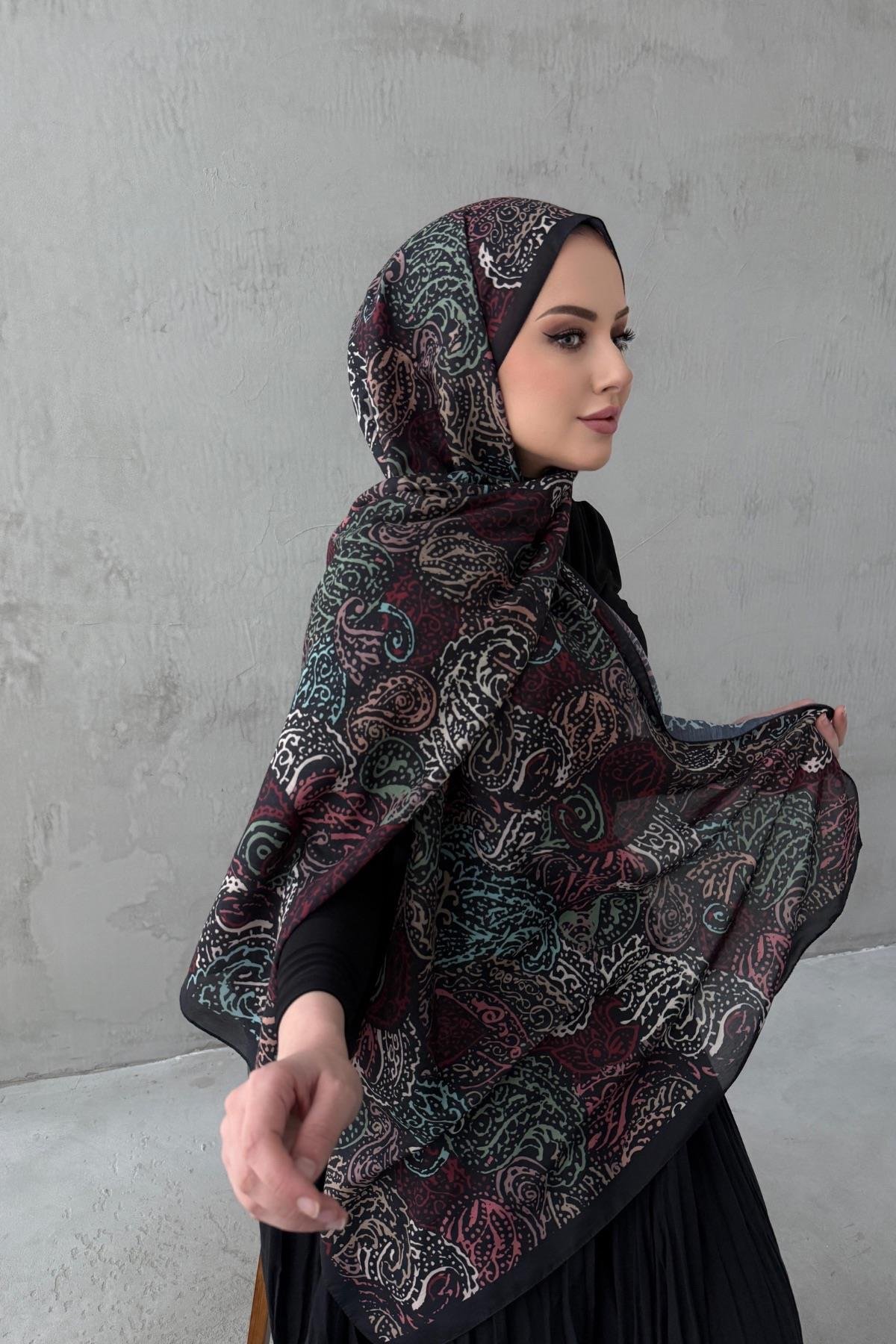 Siyah&Bordo Alaca Bohem Modal İpek Şal