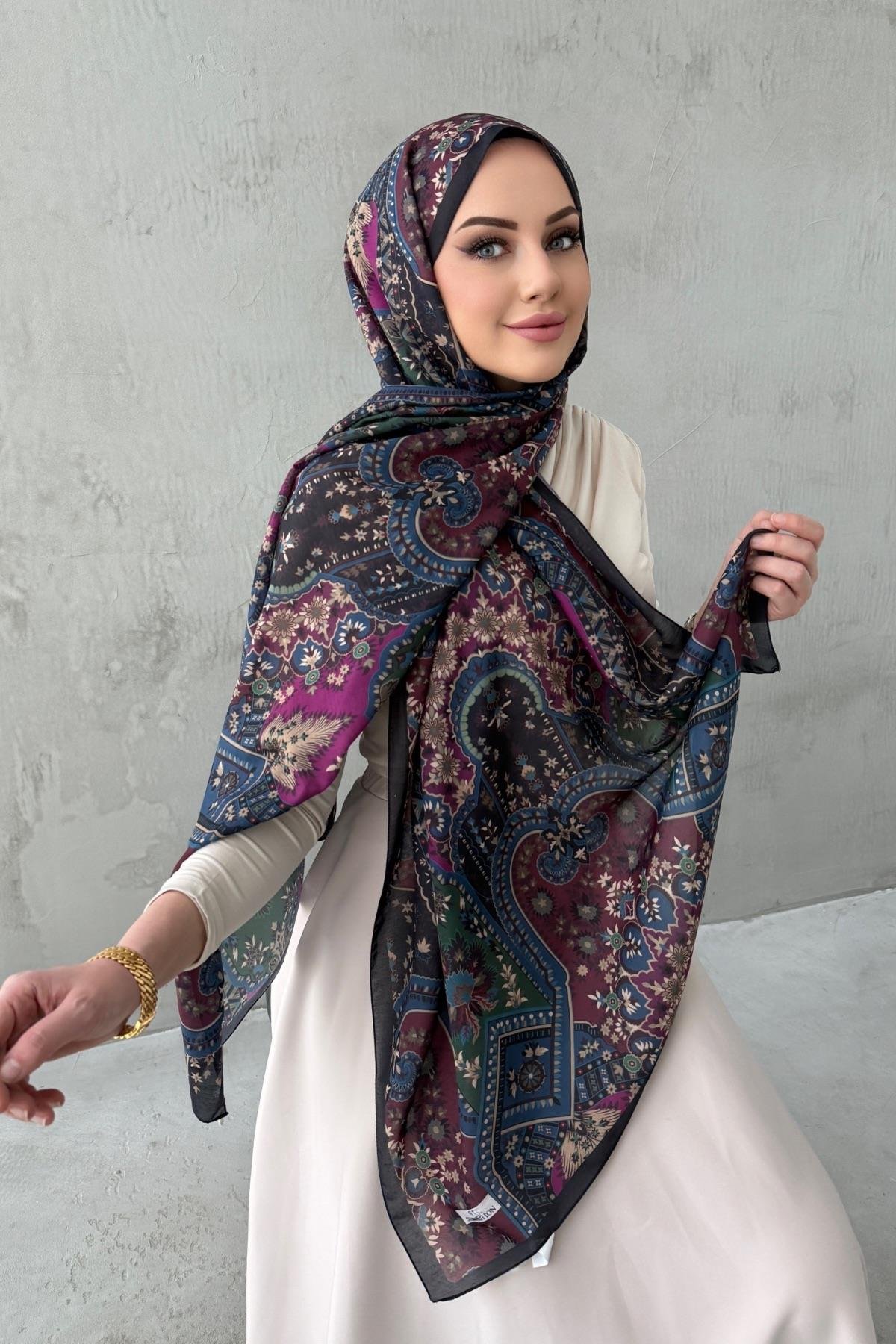 Siyah&Bordo Alya Bohem Modal İpek Şal