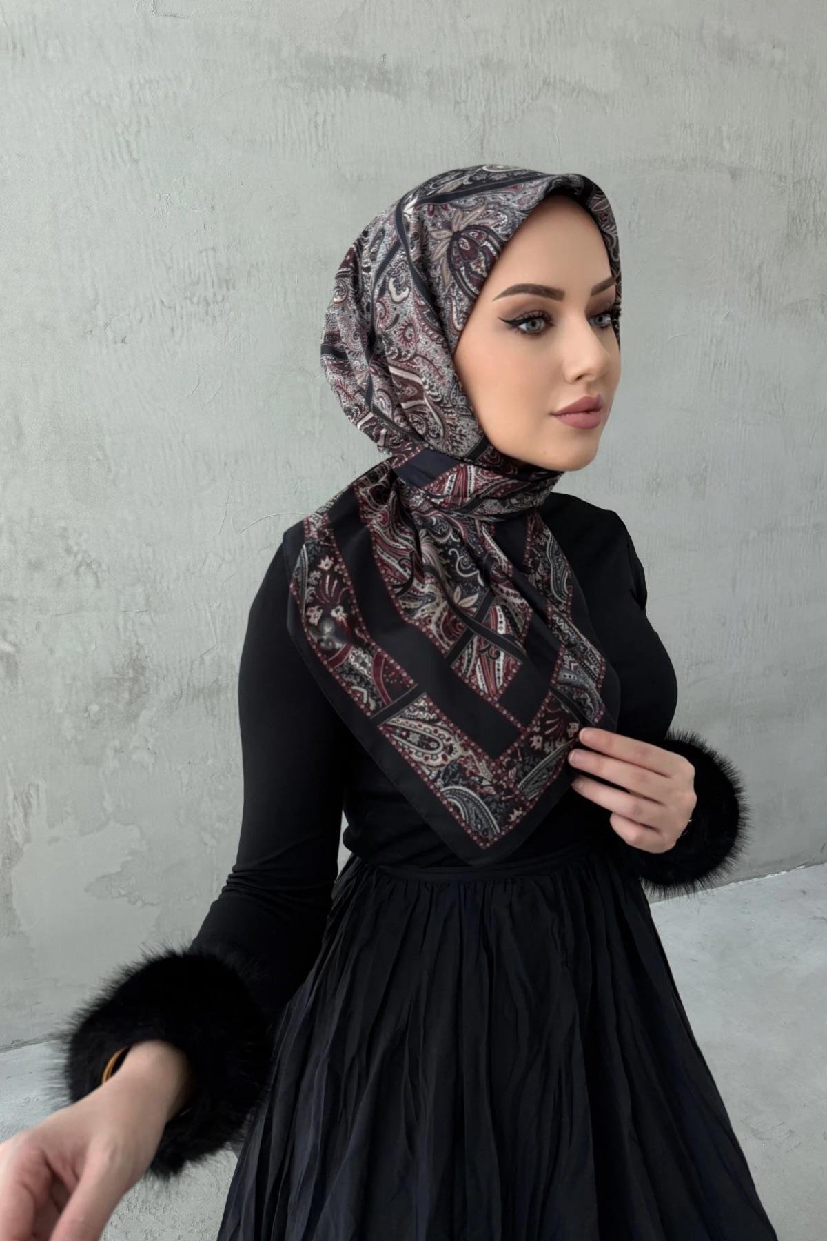 Siyah&Bordo Aydilge Bohem Modal İpek Eşarp