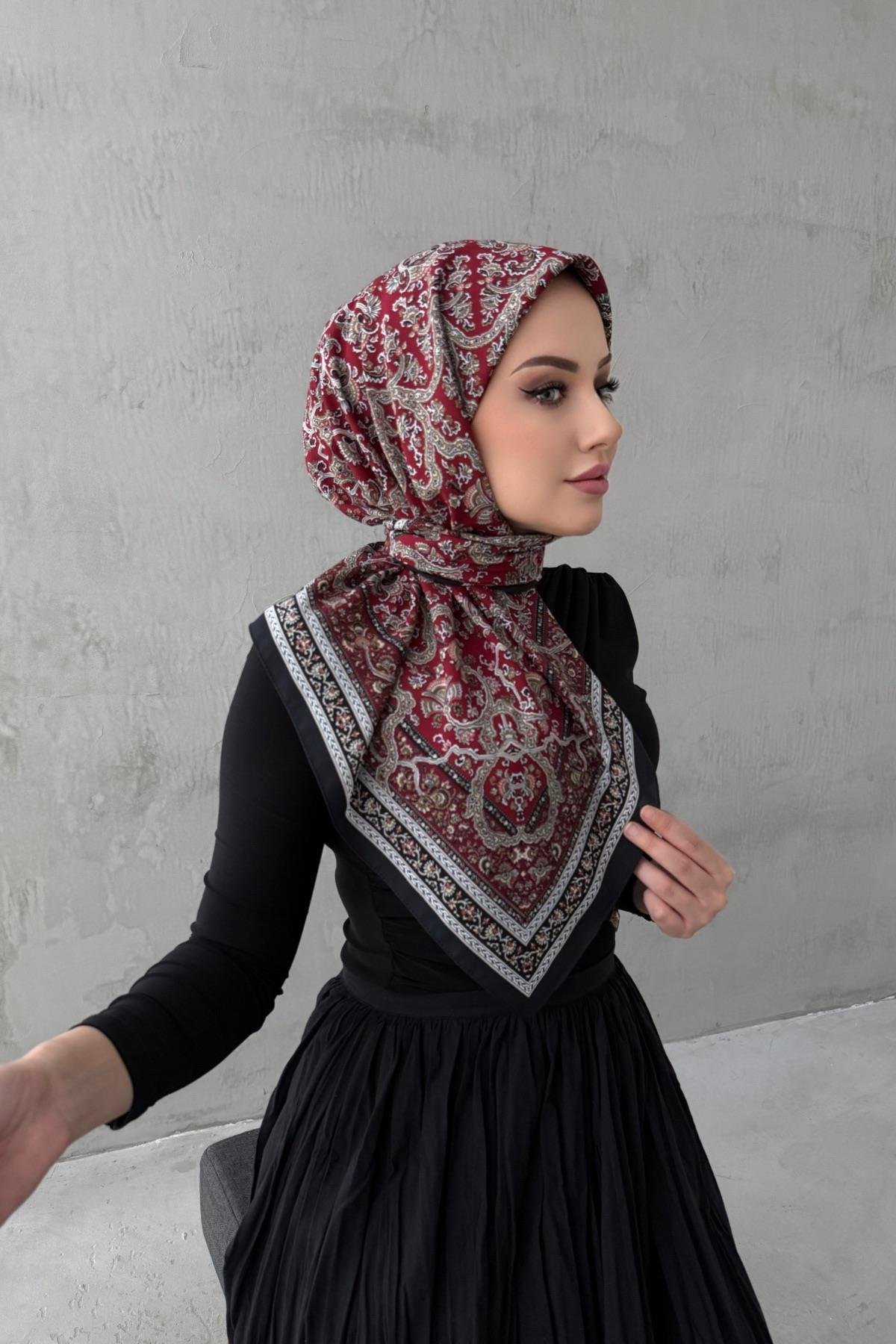 Siyah&Bordo Bohem Modal İpek Eşarp