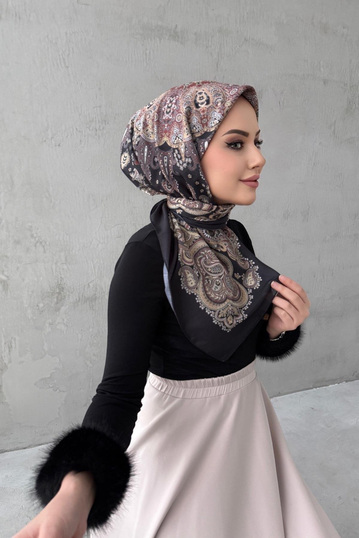 Siyah&Bordo Mira Bohem Modal İpek Eşarp