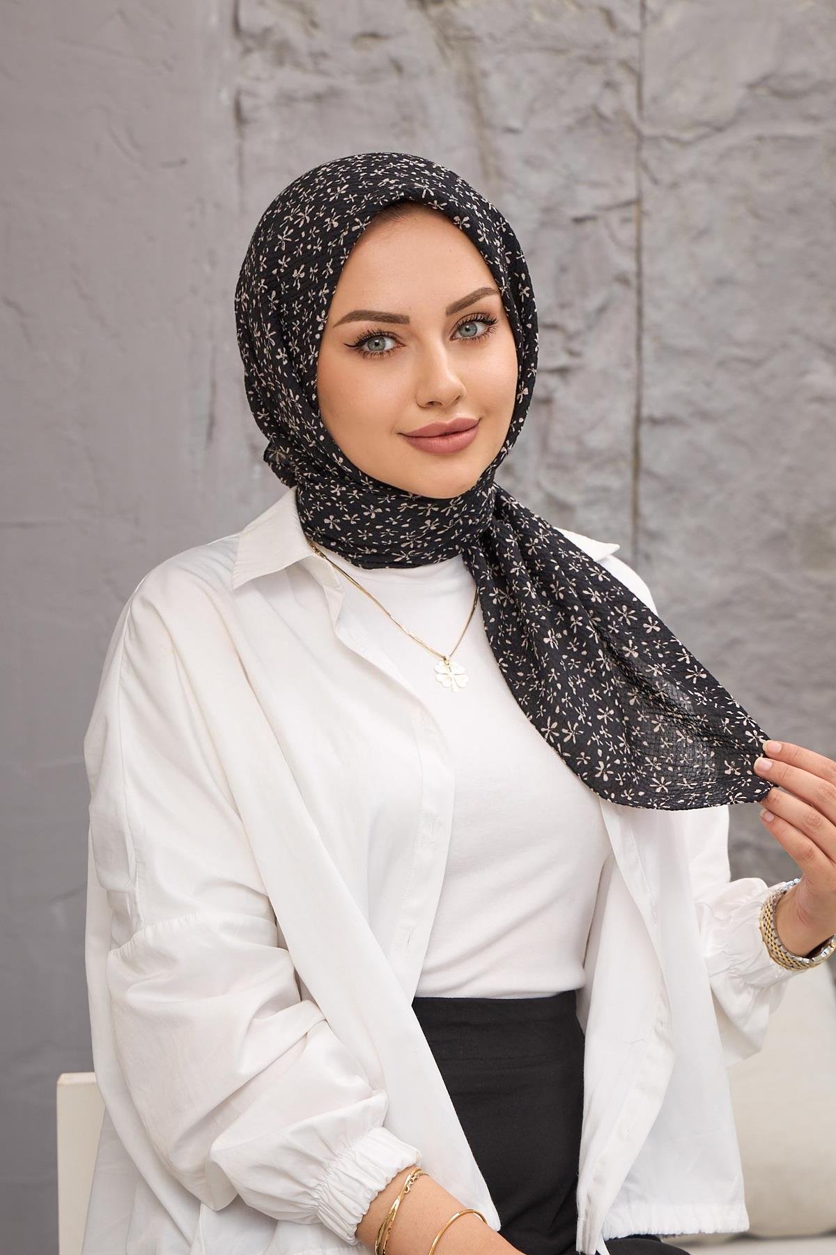 Siyah&Ekru Yonca Naturel Eşarp