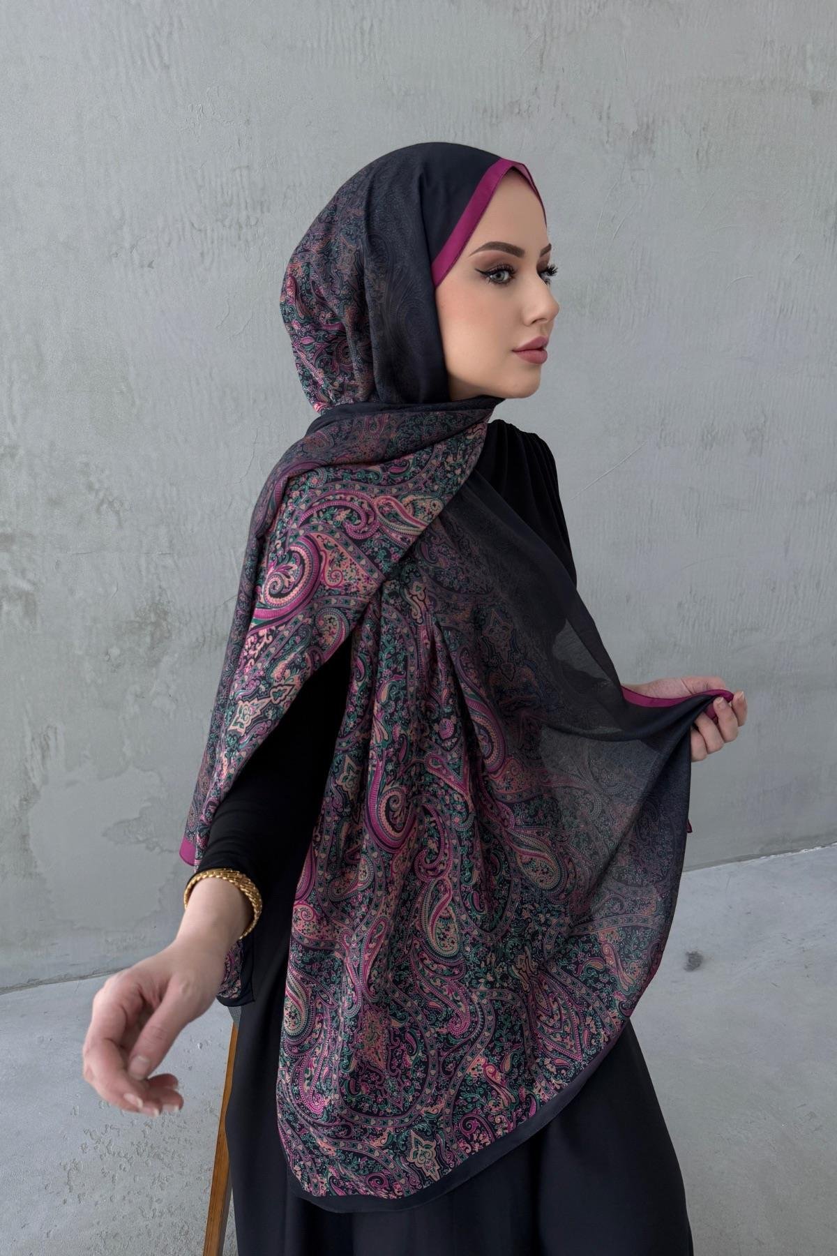 Siyah&Fuşya Hare Bohem Modal İpek Şal