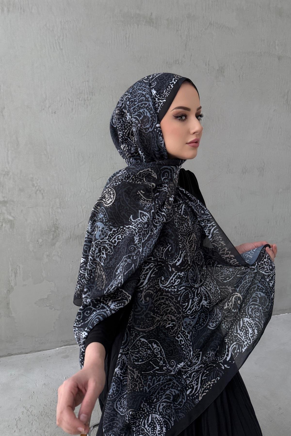 Siyah&Gri Alaca Bohem Modal İpek Şal