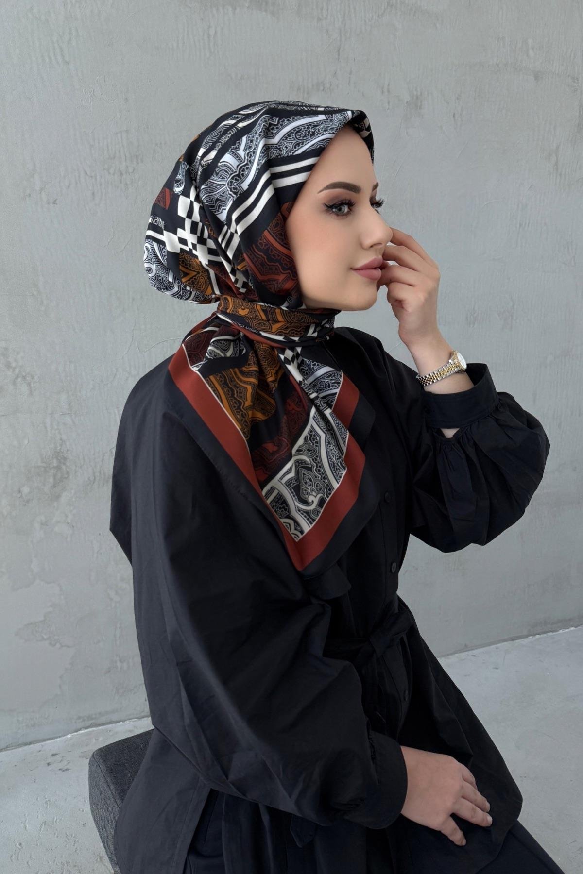 Siyah&Kiremit Kardelen Bohem Modal İpek Eşarp