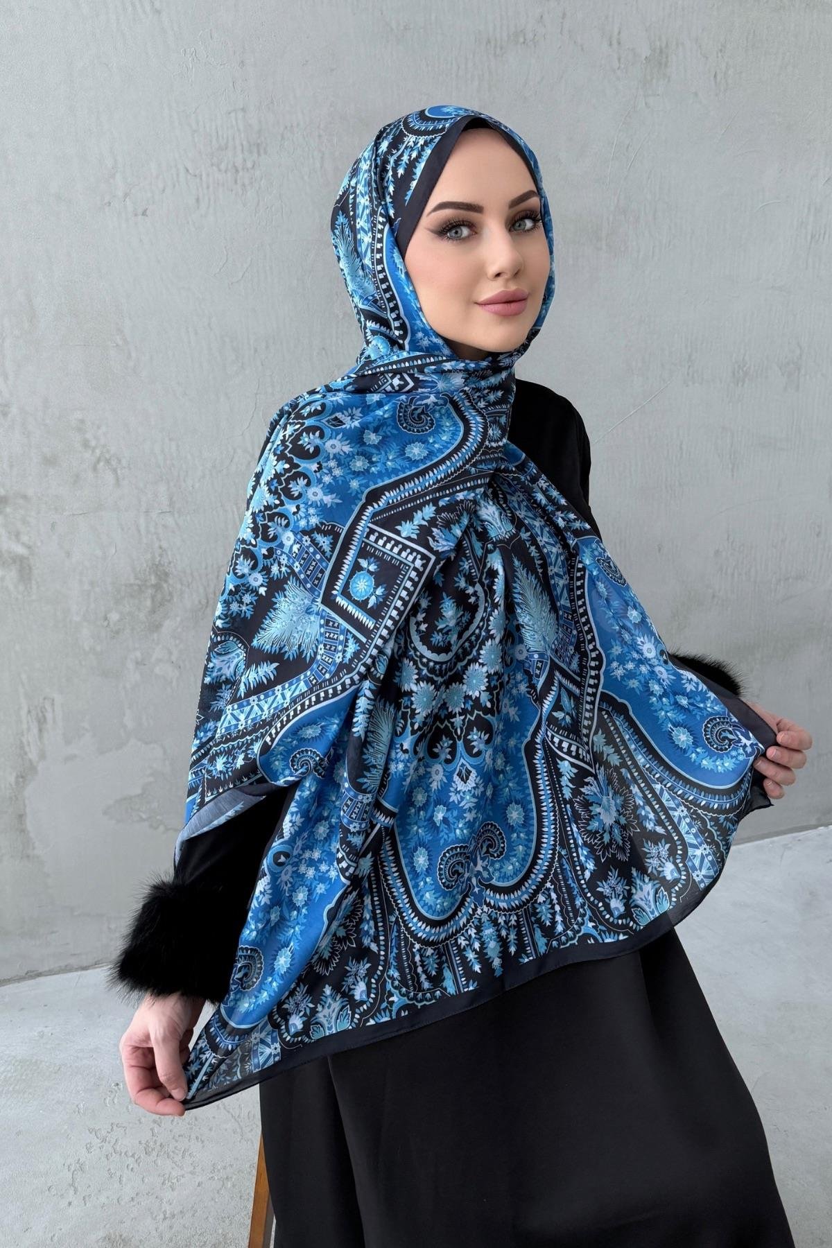 Siyah&Mavi Alya Bohem Modal İpek Şal