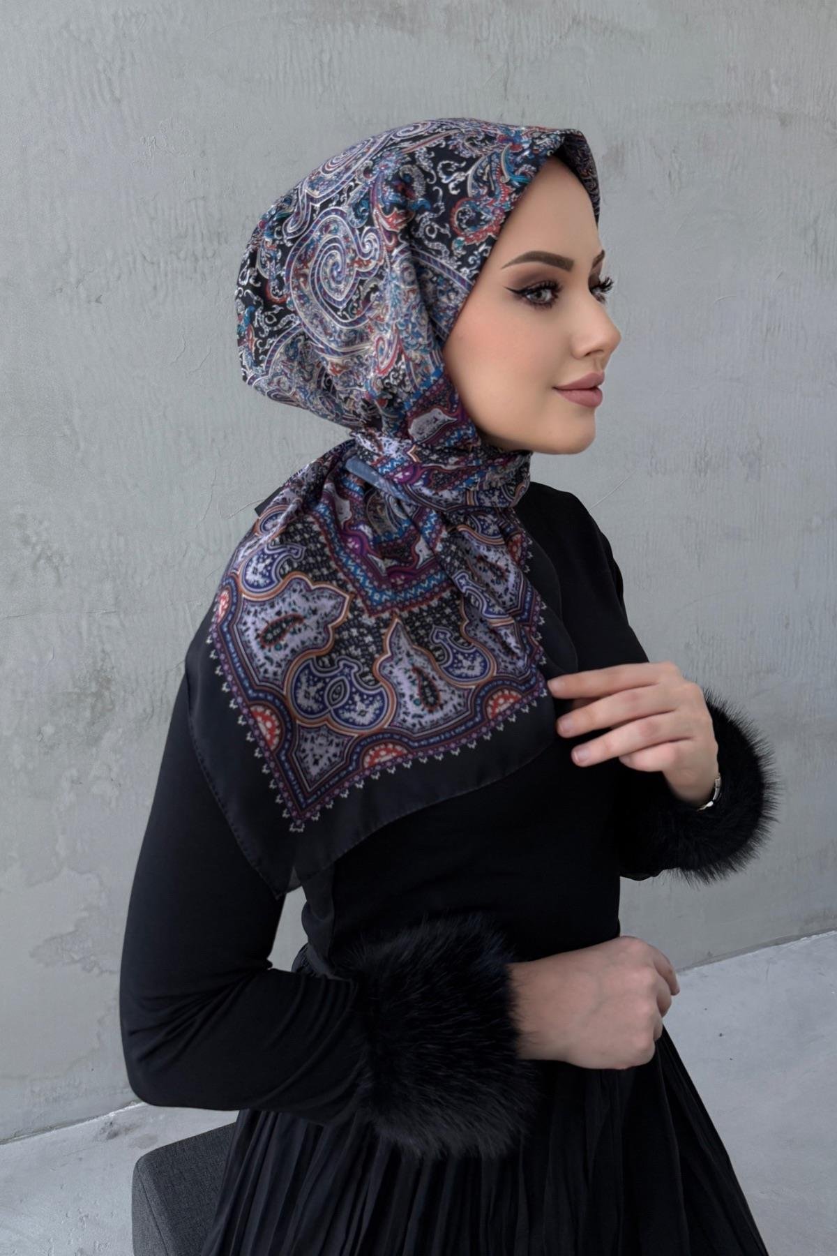 Siyah&Mor Ahu Bohem Modal İpek Eşarp