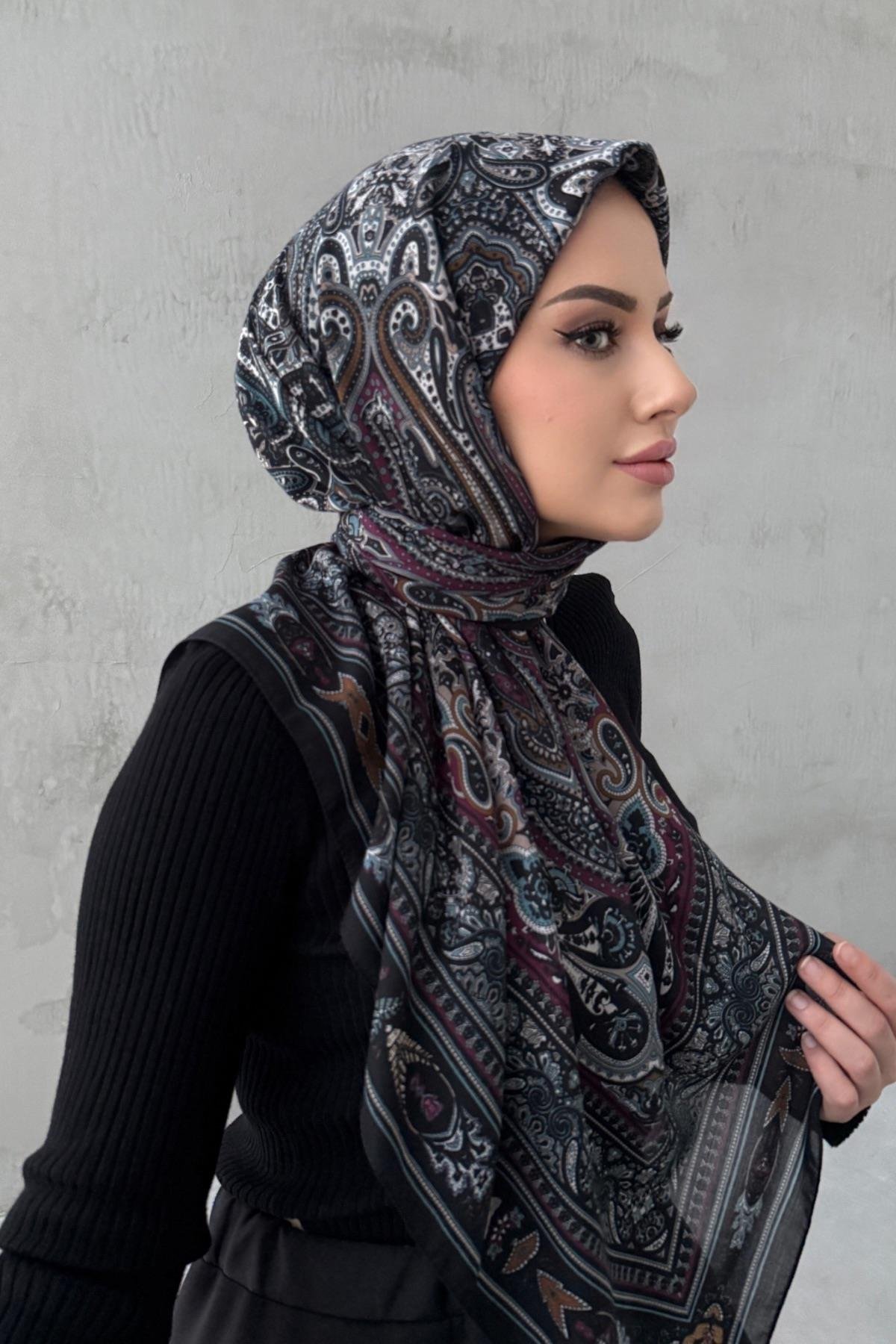 Siyah&Mor Mihri Bohem Modal İpek Şaleşarp