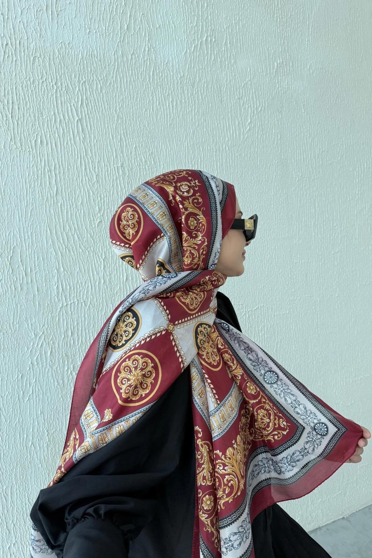 Versac Desen Vual İpek Şal Bordo