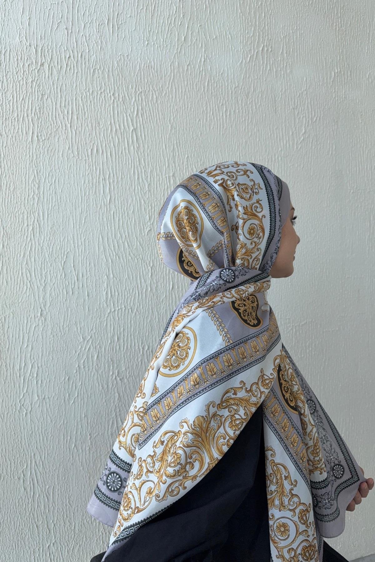 Versac Desen Vual İpek Şal Gri