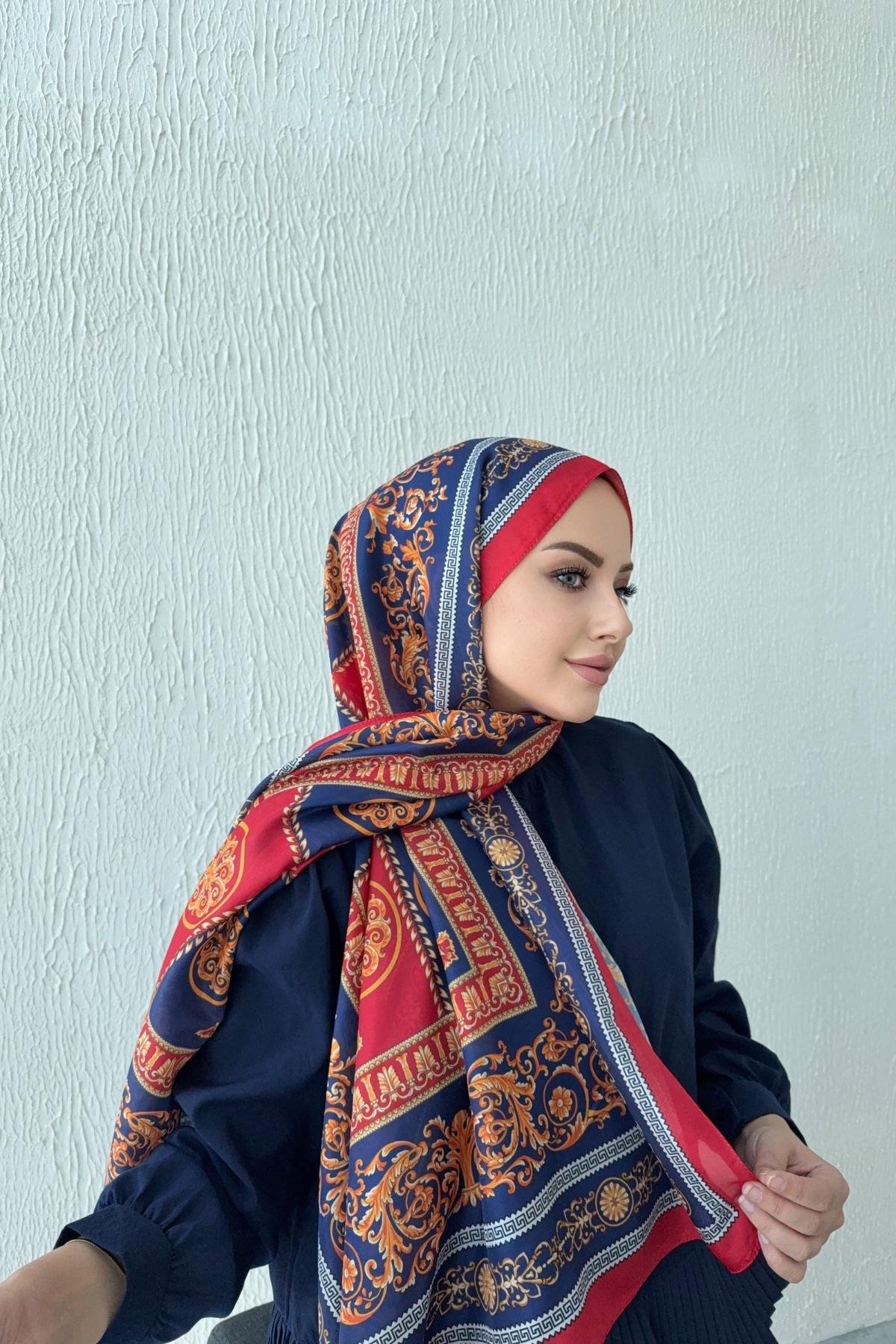 Versac Desen Vual İpek Şal Lacivert 