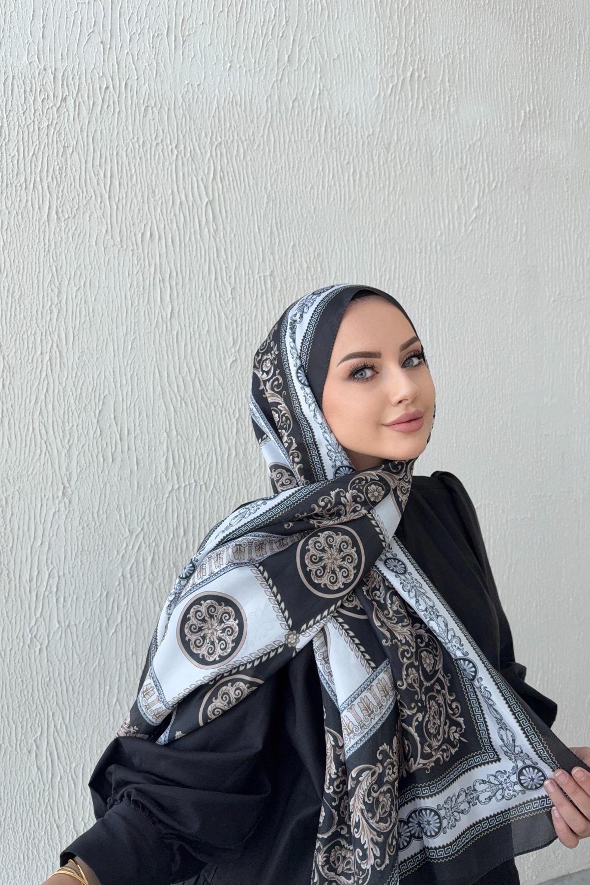 Versac Desen Vual İpek Şal Siyah & Vizon