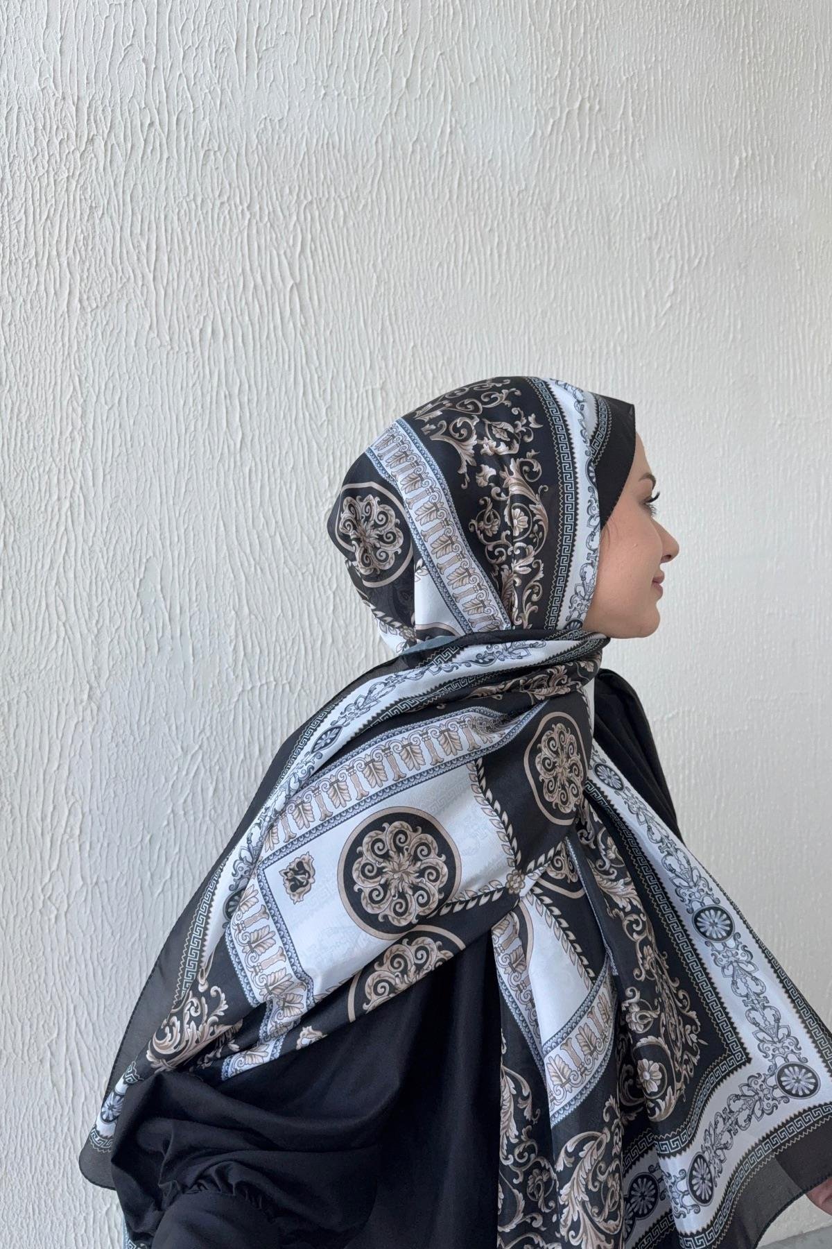 Versac Desen Vual İpek Şal Siyah & Vizon