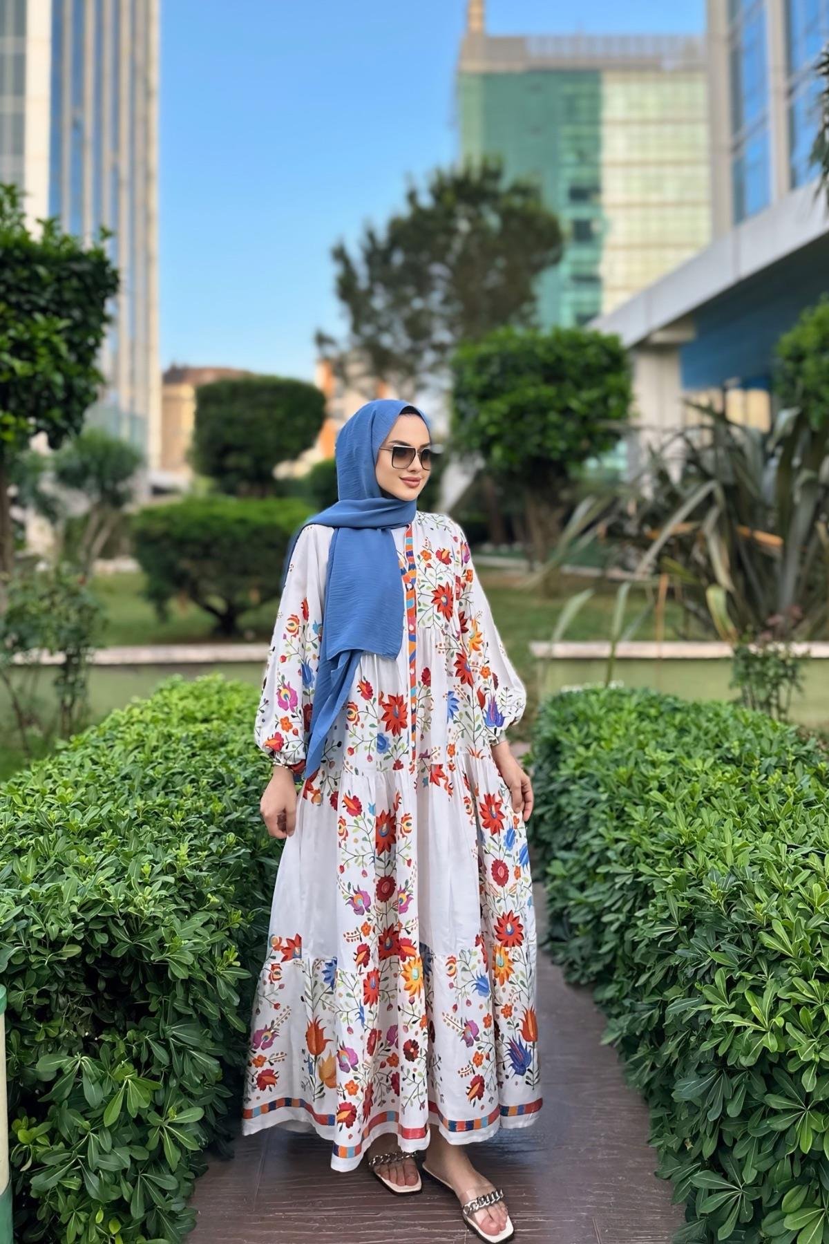 Viskon Elbise Bahar Beyaz