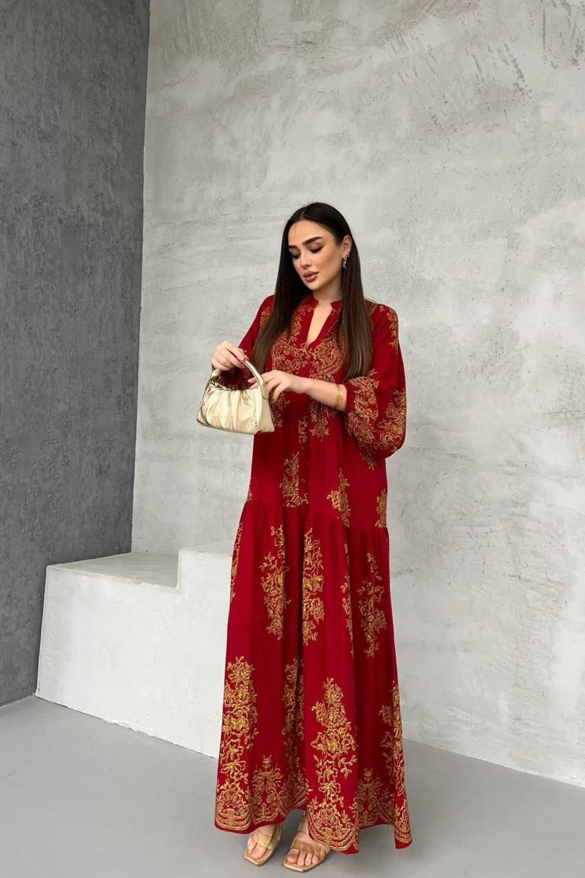 Viskon Elbise Firuze Bordo