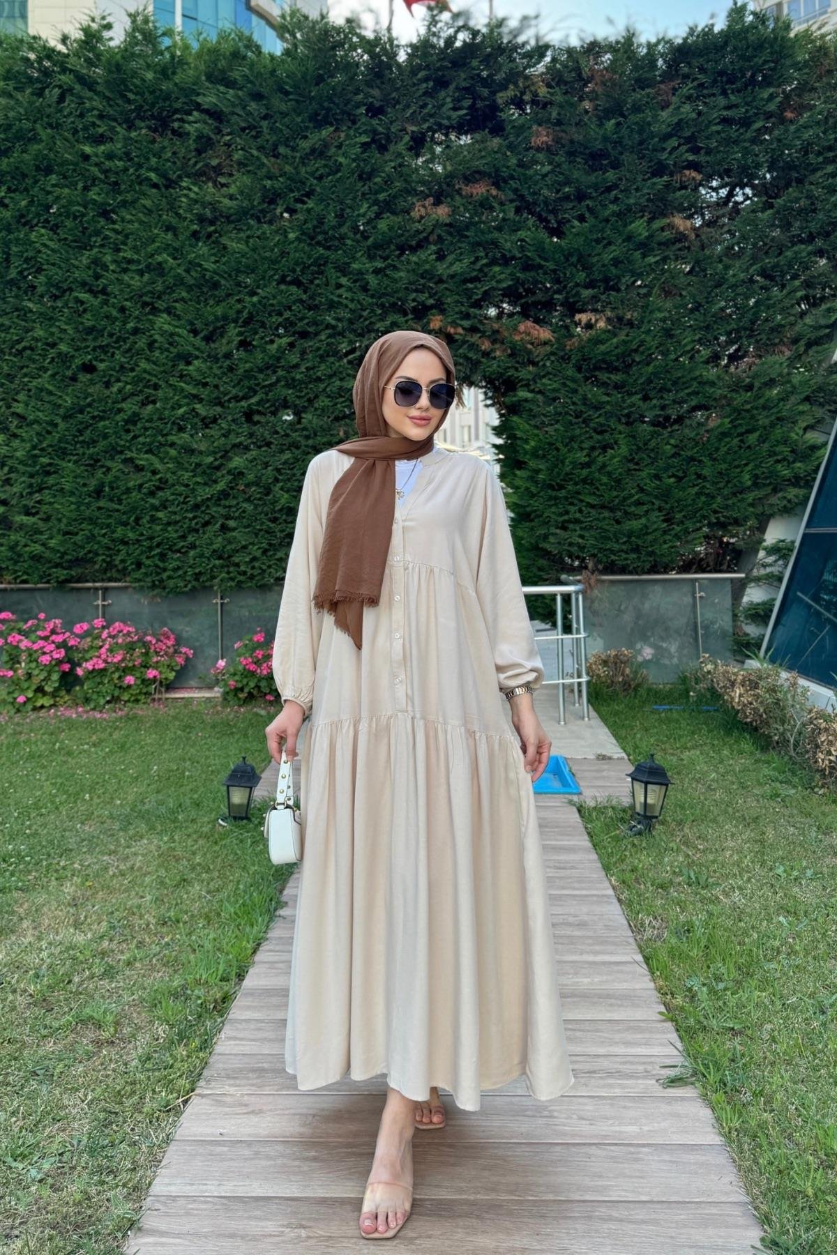 Viskon Elbise Linda Bej