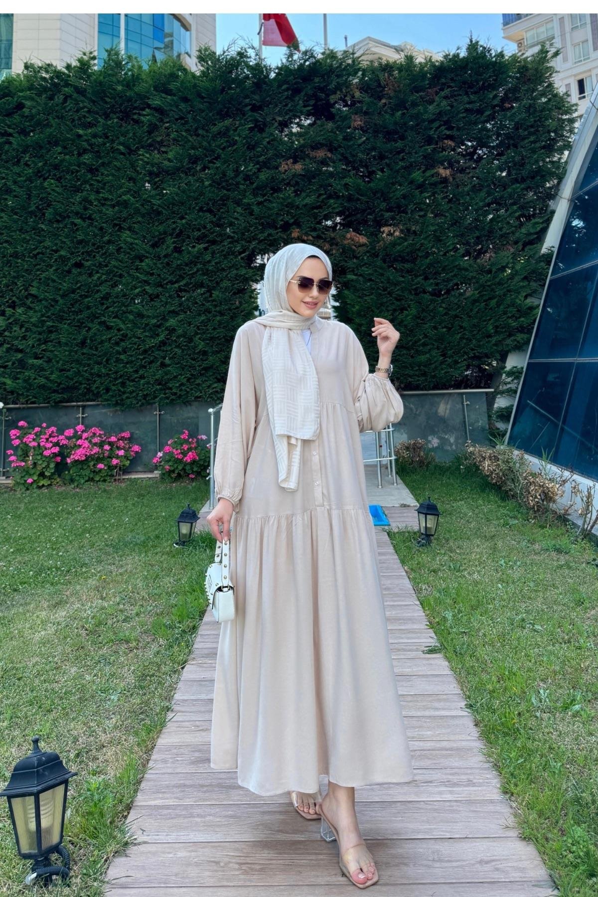 Viskon Elbise Linda Bej