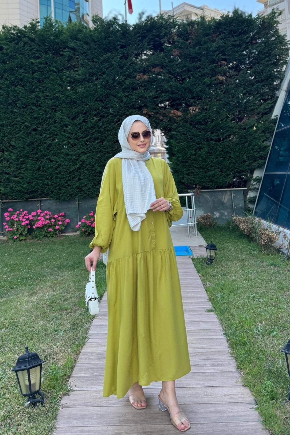 Viskon Elbise Linda Yağ Yeşili