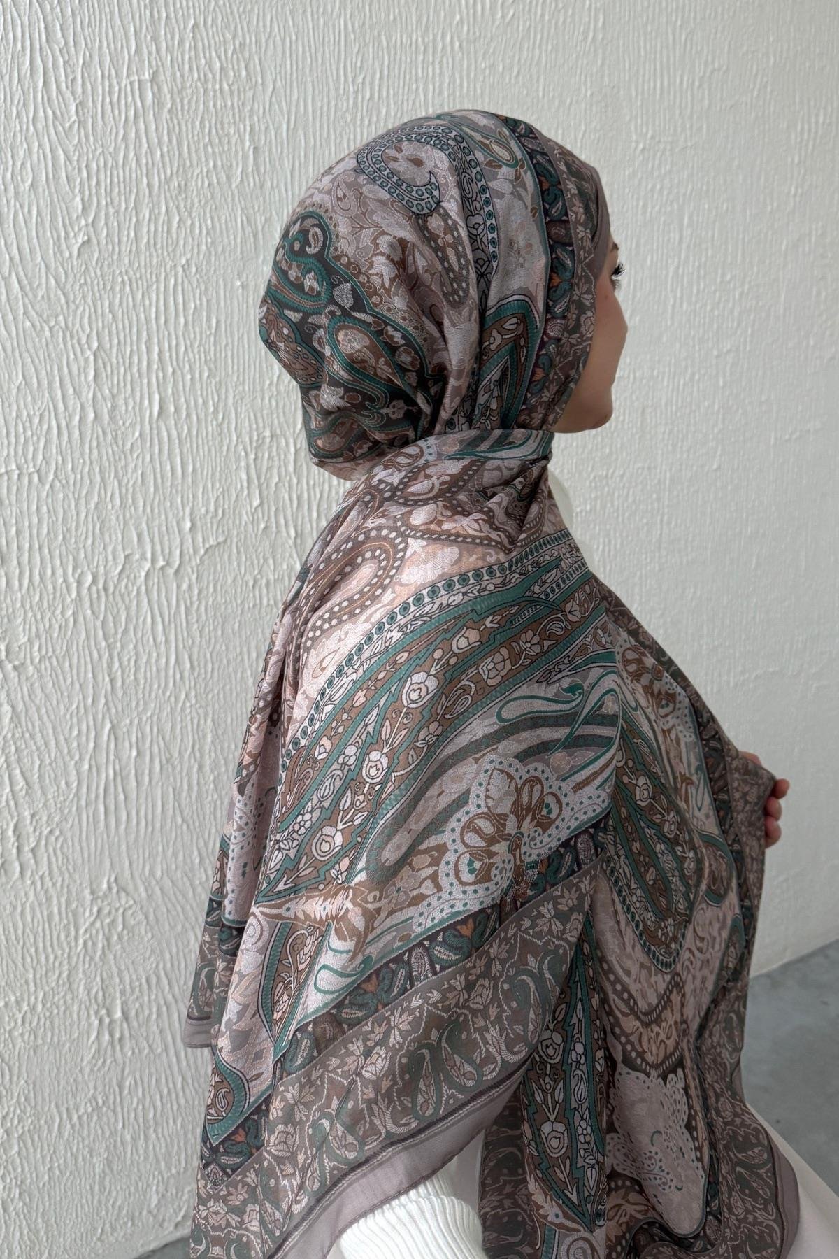 Vizon & Yeşil Bohem Modal İpek Şal  