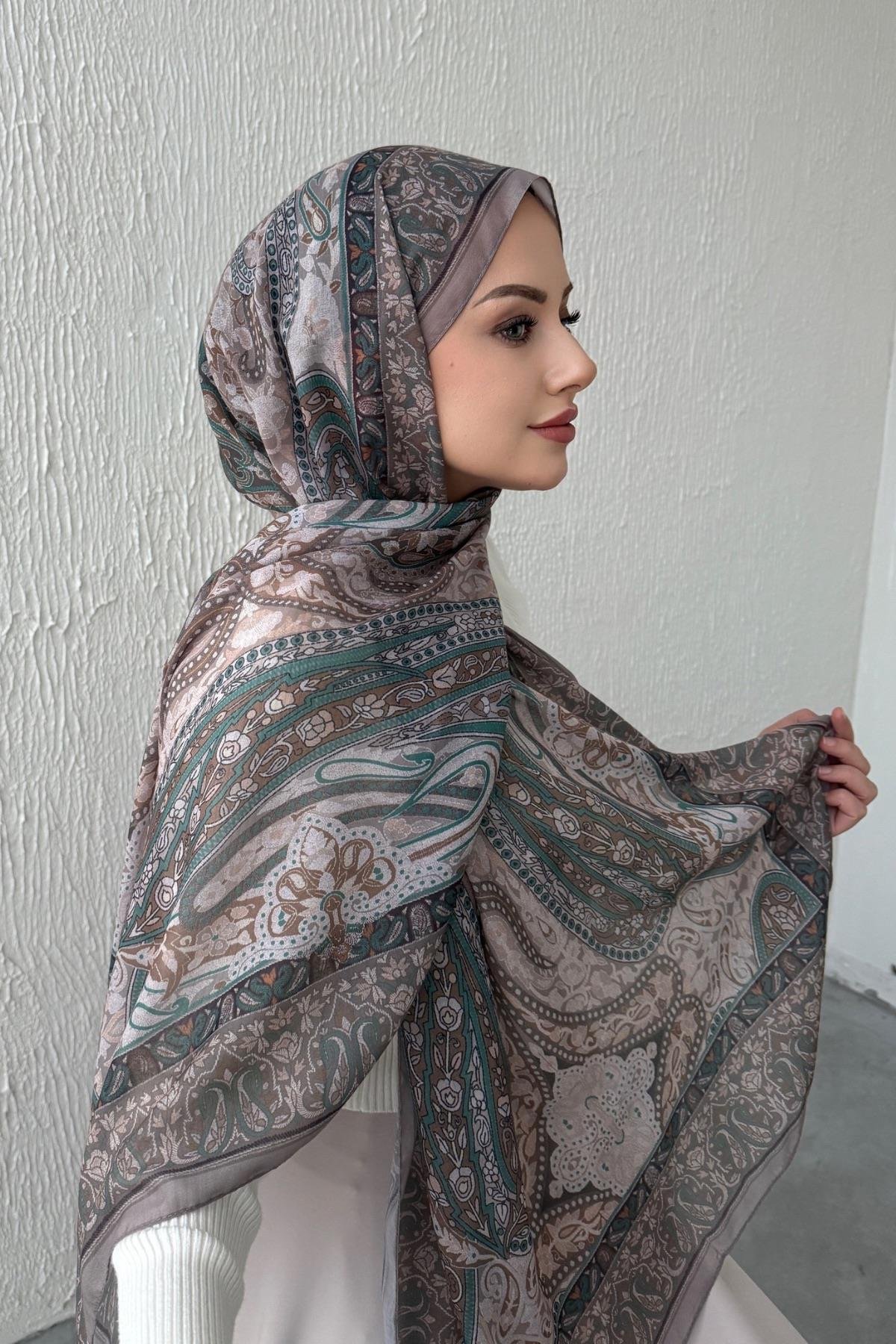 Vizon & Yeşil Bohem Modal İpek Şal  